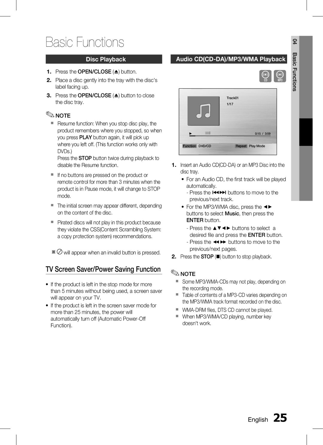 Samsung HT-C330 Basic Functions, TV Screen Saver/Power Saving Function, Disc Playback, Audio CDCD-DA/MP3/WMA Playback 