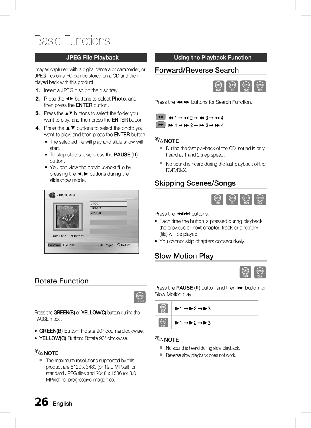 Samsung HT-C330 Forward/Reverse Search, Skipping Scenes/Songs, Slow Motion Play Rotate Function, Jpeg File Playback 