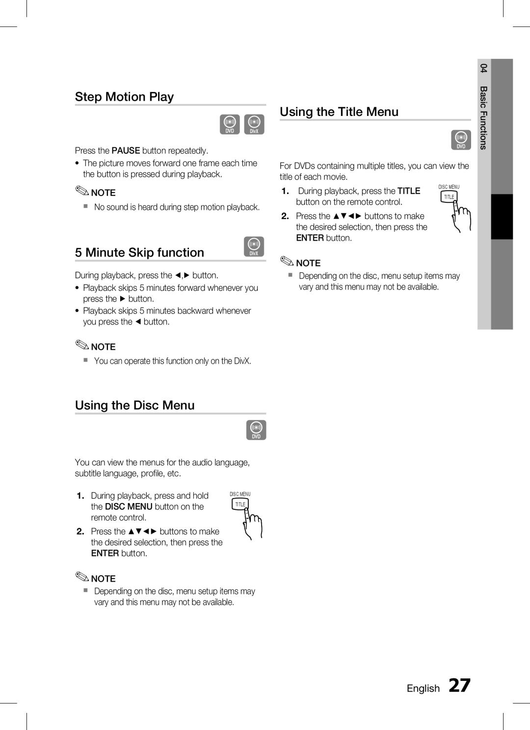 Samsung HT-C330 user manual Step Motion Play, Minute Skip function, Using the Title Menu, Using the Disc Menu 