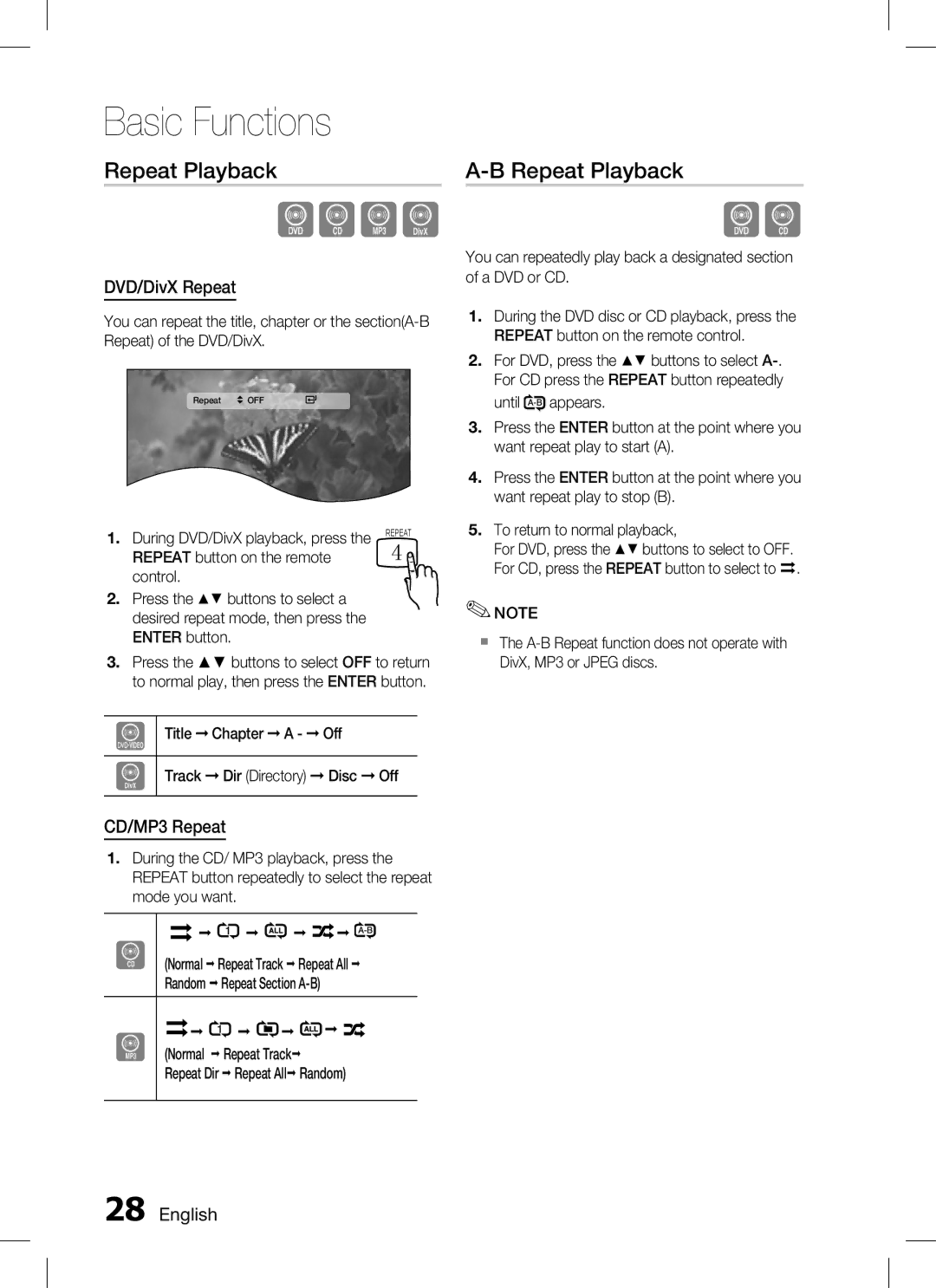 Samsung HT-C330 user manual Repeat Playback, DVD/DivX Repeat, CD/MP3 Repeat,  English 