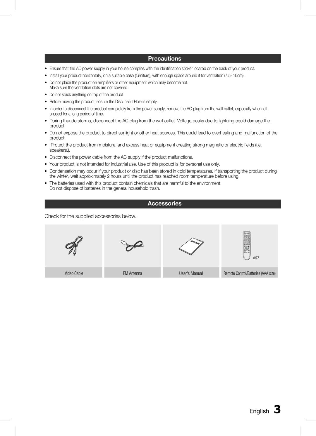 Samsung HT-C330 user manual Precautions, Accessories, English , Check for the supplied accessories below 