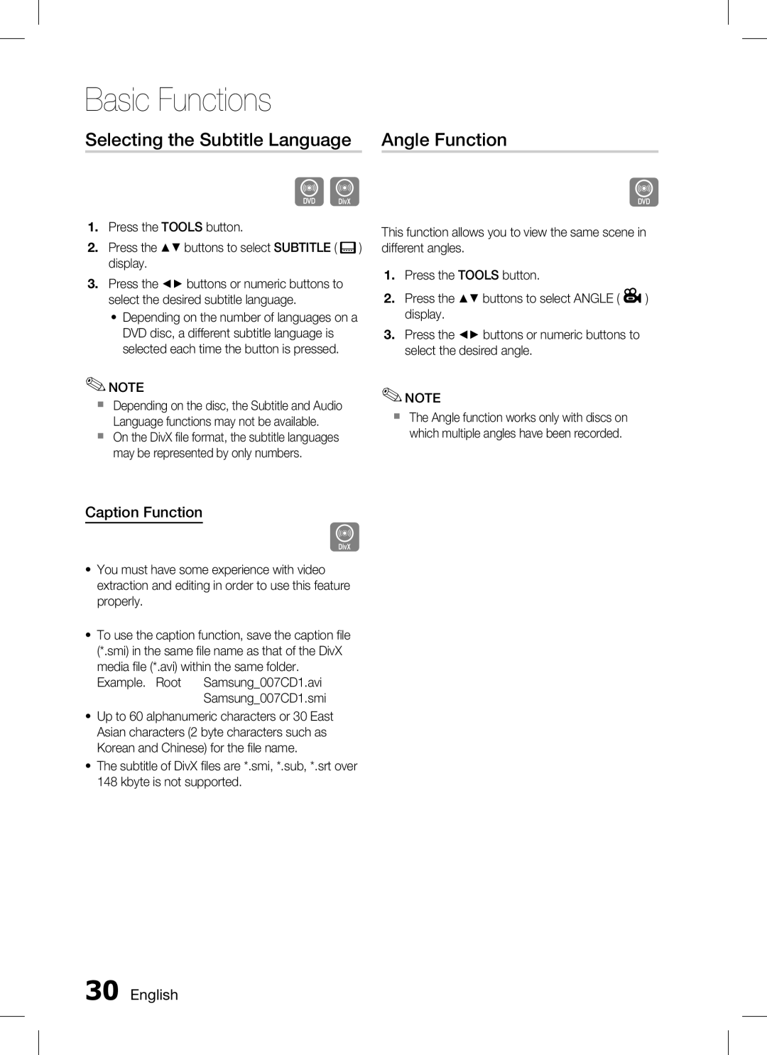 Samsung HT-C330 user manual Selecting the Subtitle Language Angle Function, Caption Function, Samsung007CD1.smi 