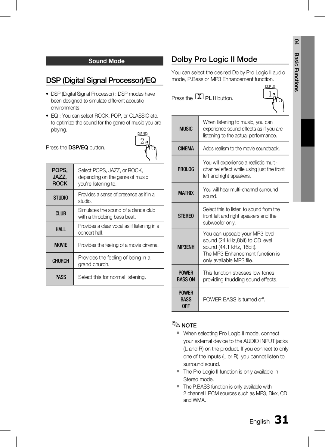 Samsung HT-C330 user manual DSP Digital Signal Processor/EQ, Dolby Pro Logic II Mode, Sound Mode, Pops, Rock 