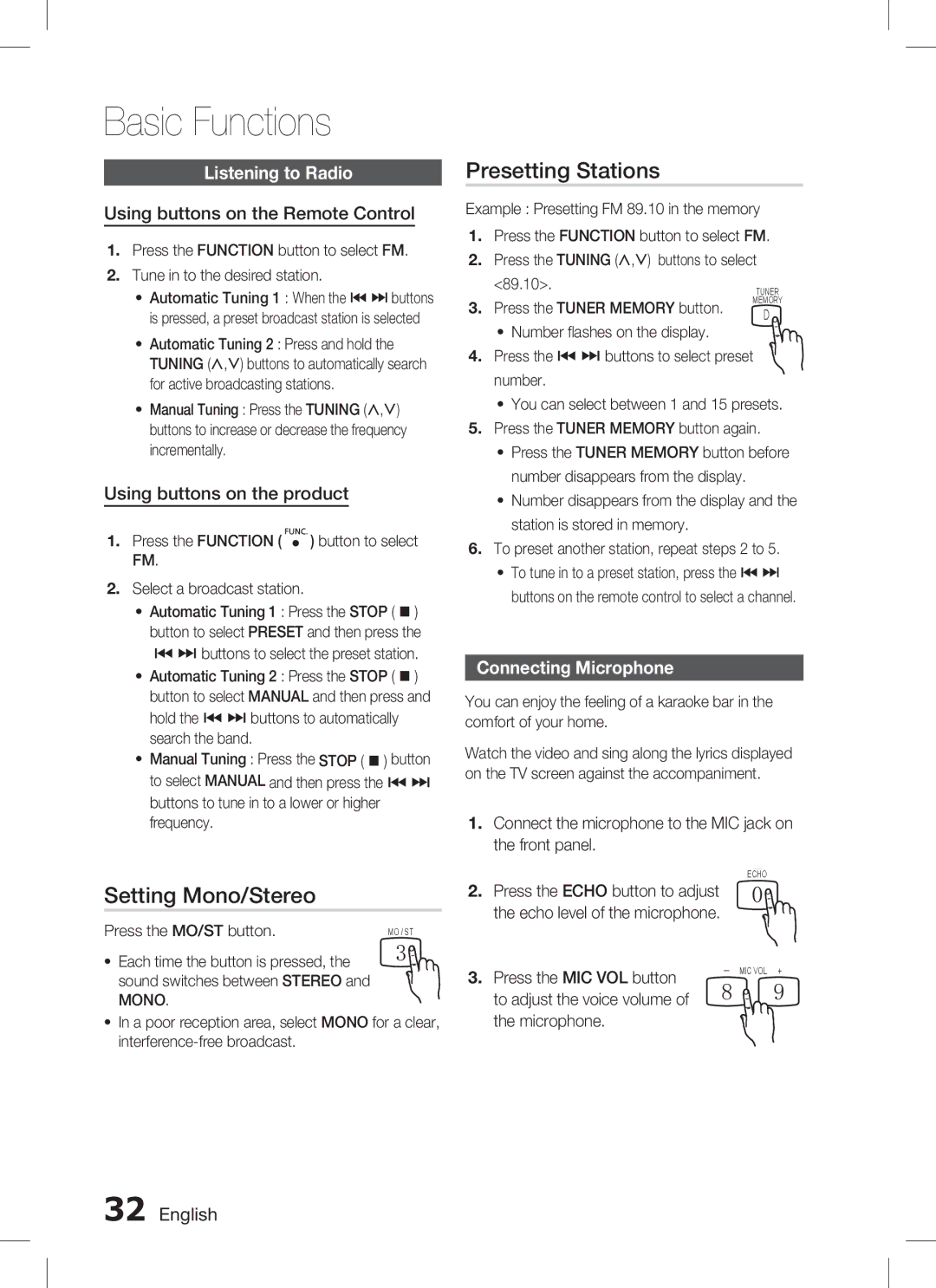 Samsung HT-C330 user manual Setting Mono/Stereo, Presetting Stations, Listening to Radio, Connecting Microphone 