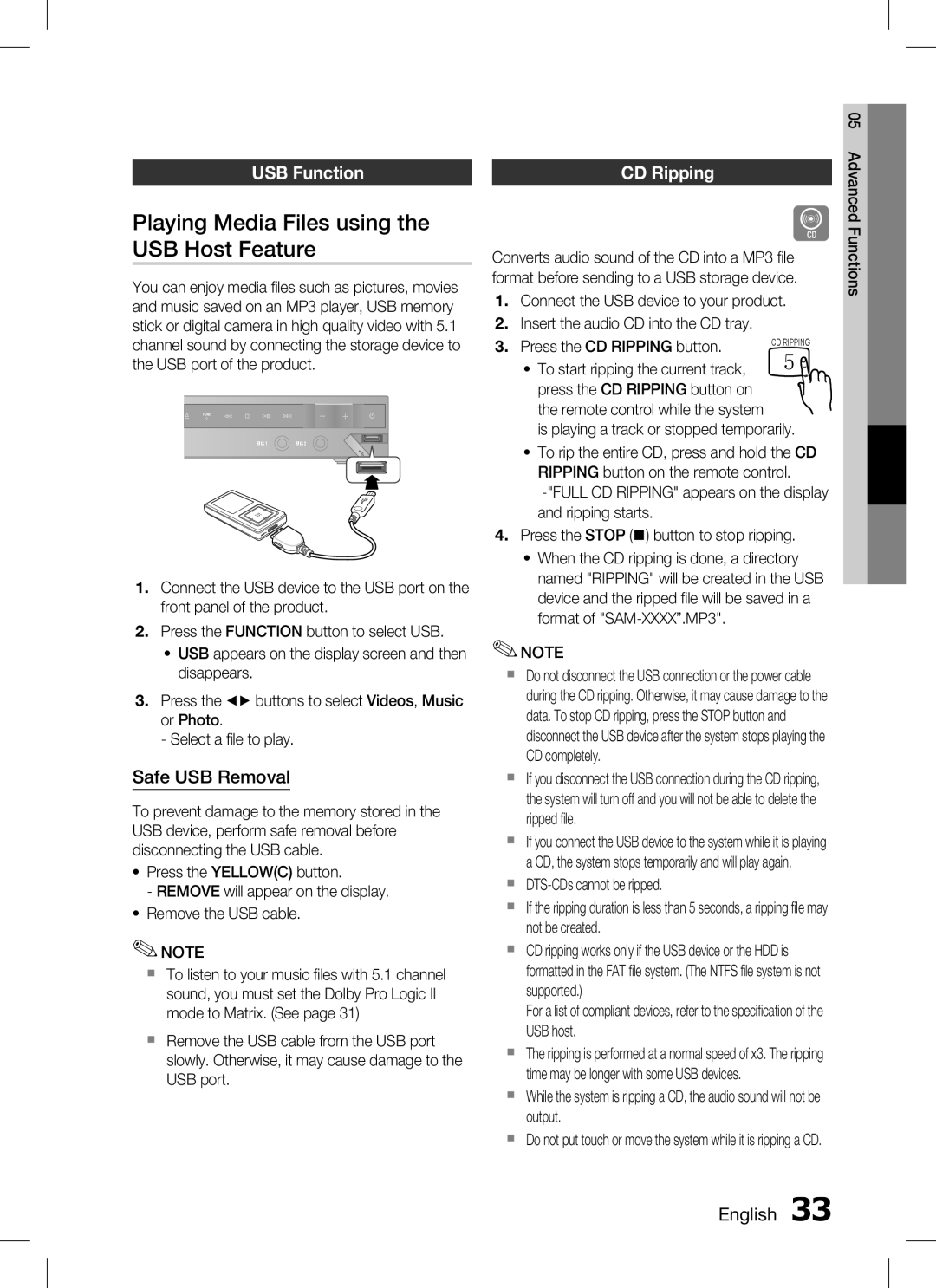 Samsung HT-C330 user manual Playing Media Files using the USB Host Feature, USB function, Safe USB Removal, CD ripping 