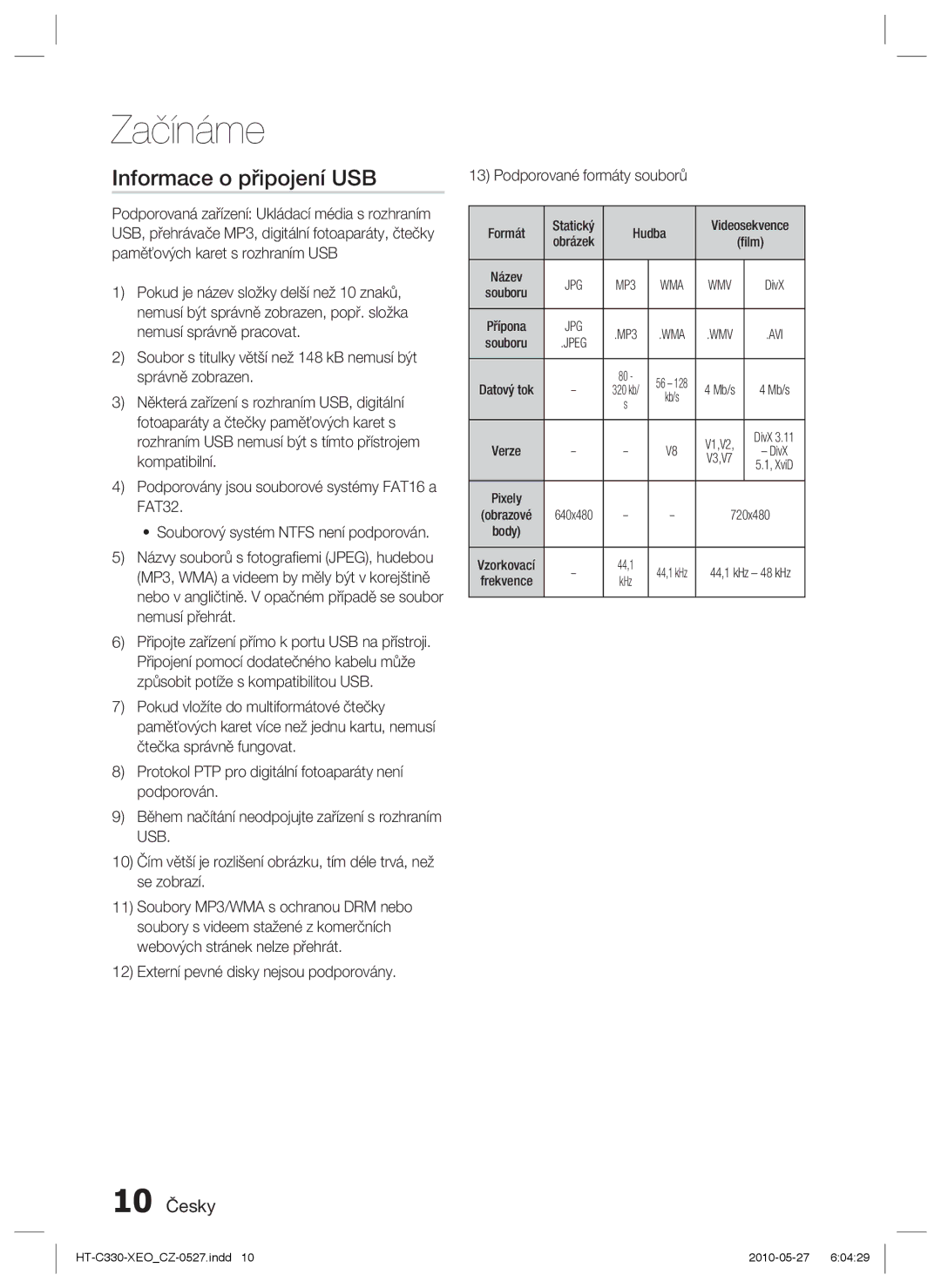 Samsung HT-C330/XEF, HT-C330/EDC manual Informace o připojení USB, 10 Česky 