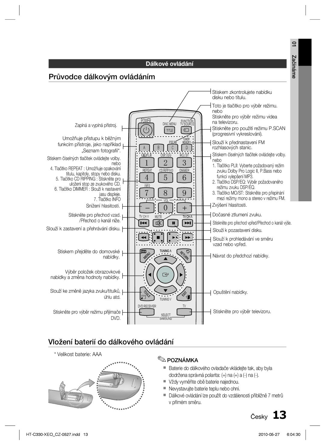 Samsung HT-C330/EDC, HT-C330/XEF manual Průvodce dálkovým ovládáním, Vložení baterií do dálkového ovládání, Dálkové ovládání 