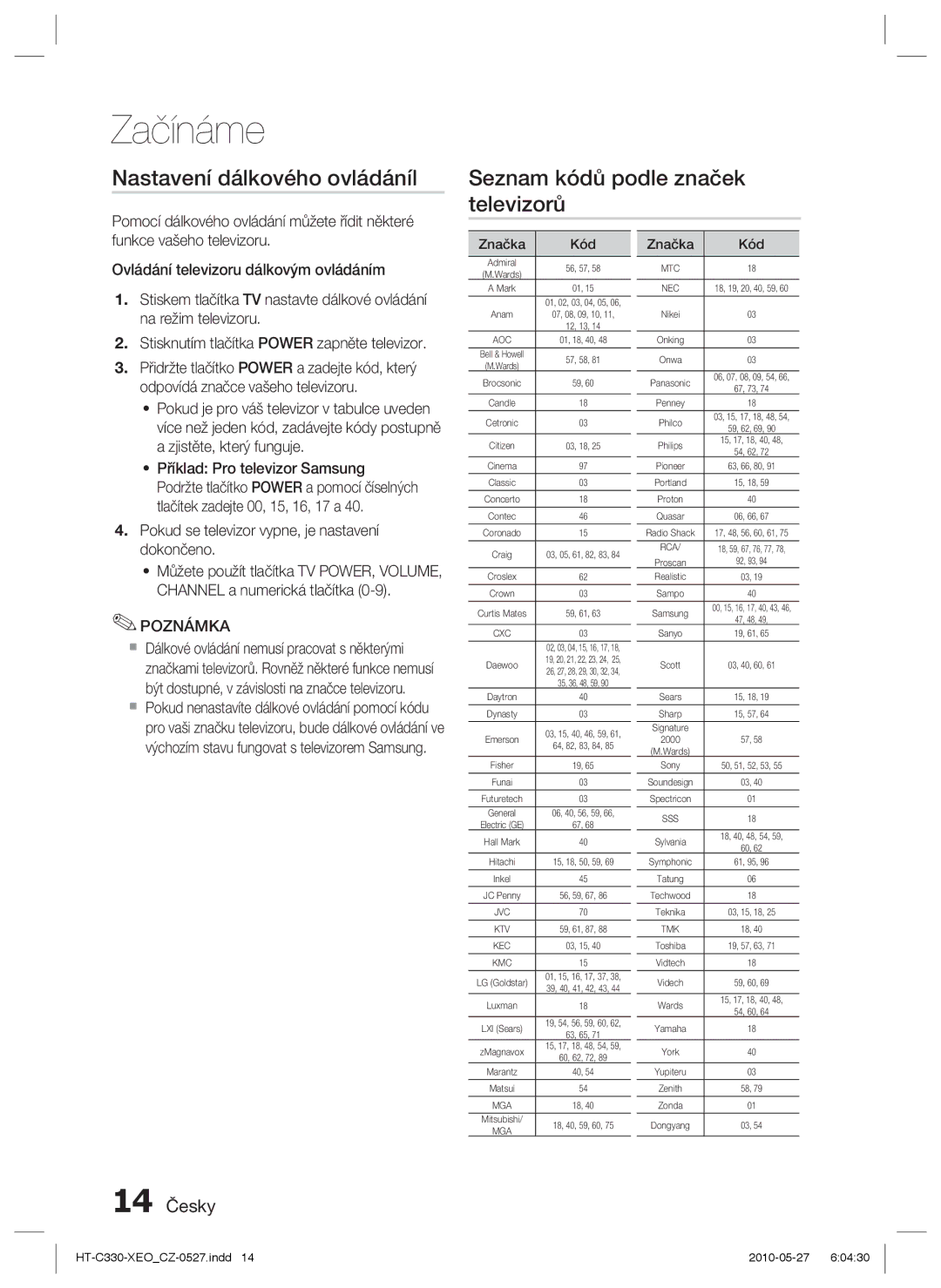 Samsung HT-C330/XEF, HT-C330/EDC manual 14 Česky, Pokud se televizor vypne, je nastavení dokončeno 