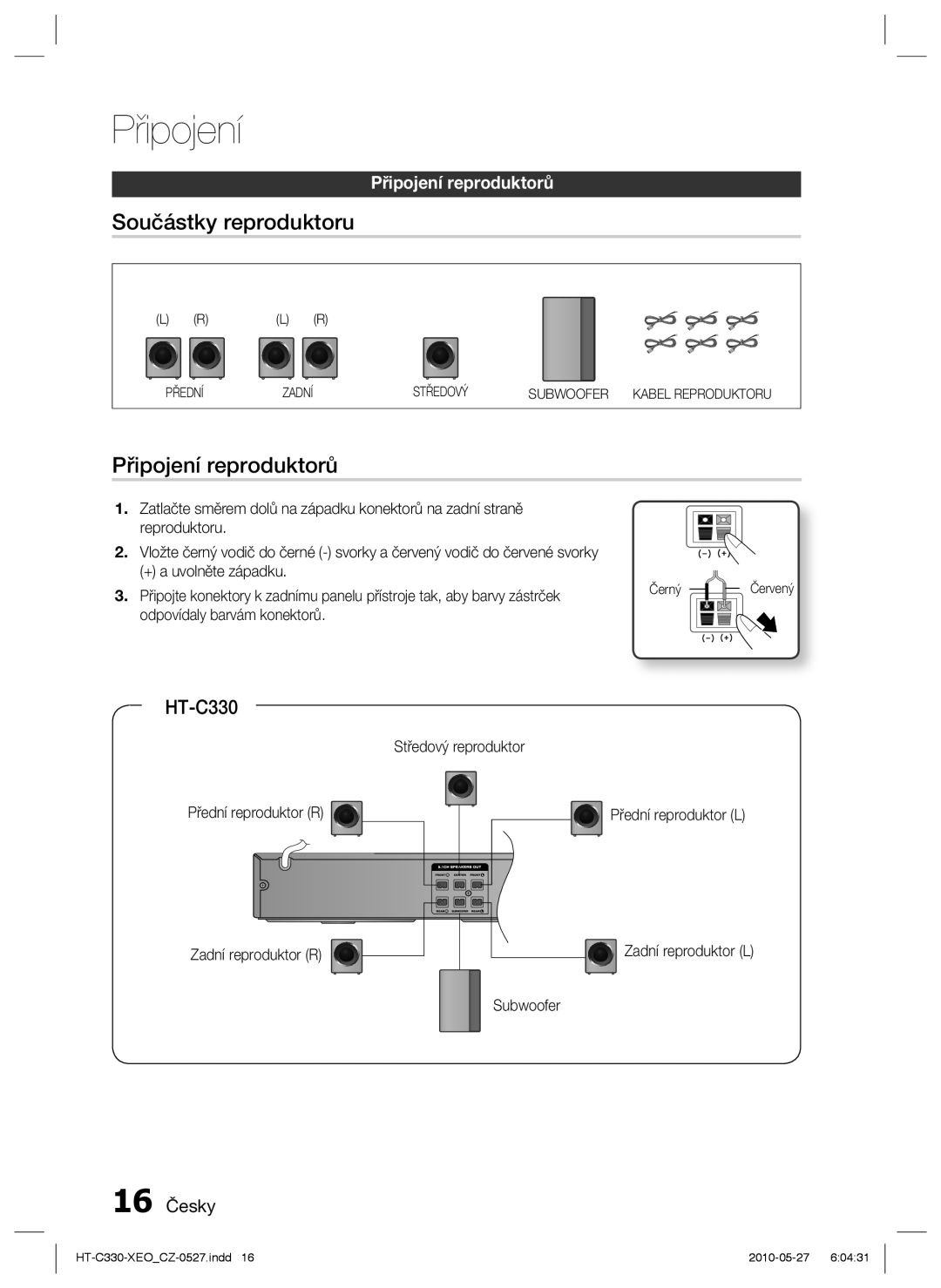 Samsung HT-C330/XEF, HT-C330/EDC manual Součástky reproduktoru, Připojení reproduktorů, 16 Česky 