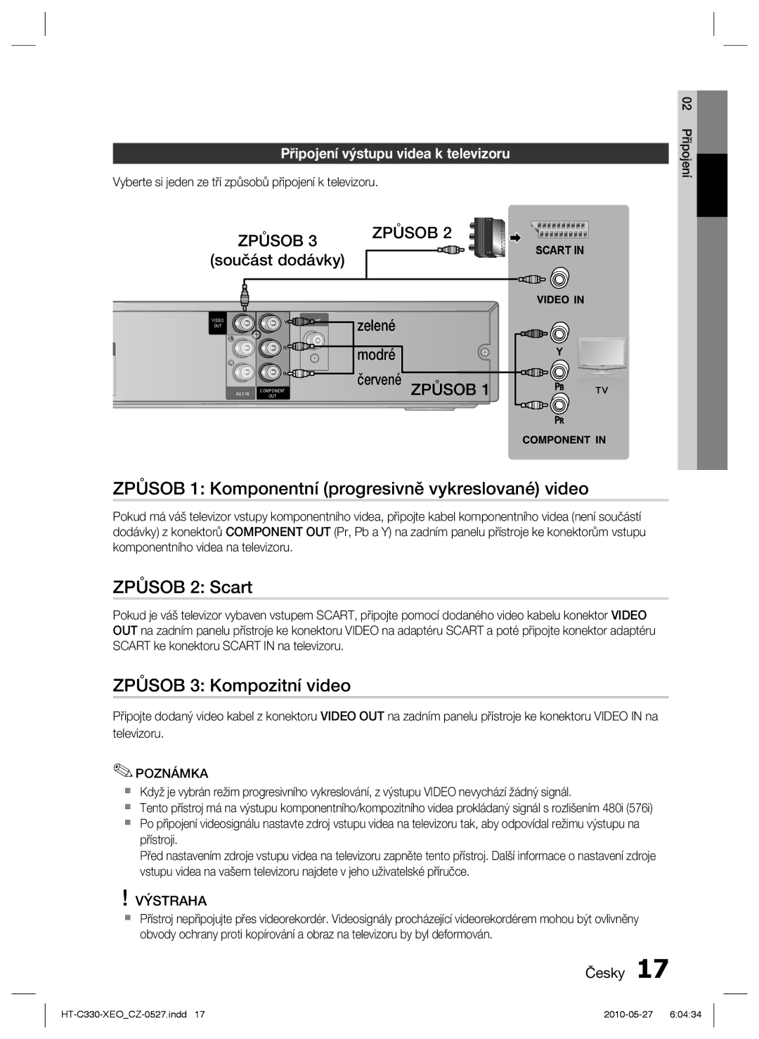 Samsung HT-C330/EDC manual Způsob 1 Komponentní progresivně vykreslované video, Způsob 2 Scart, Způsob 3 Kompozitní video 