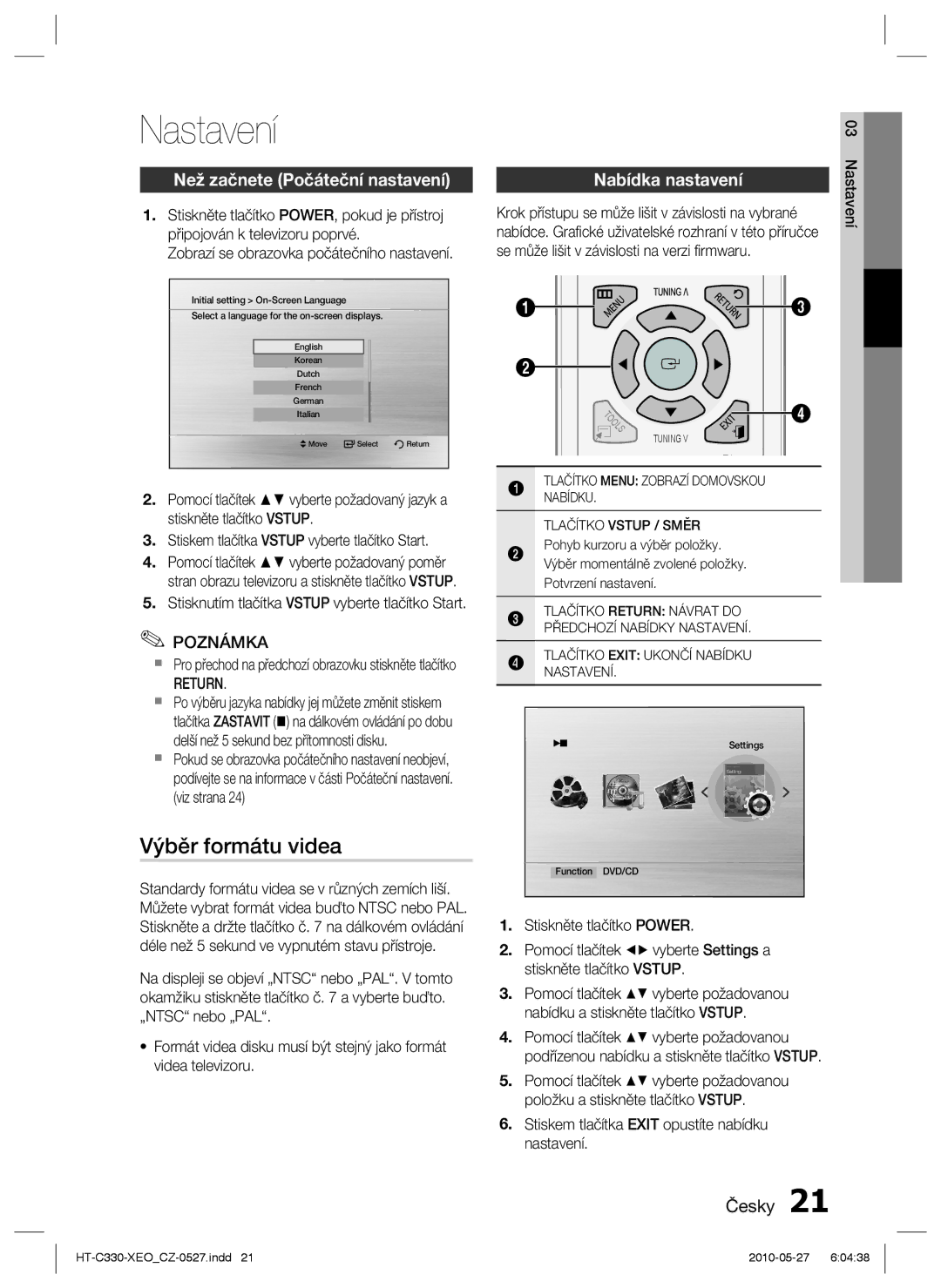 Samsung HT-C330/EDC manual Nastavení, Výběr formátu videa, Než začnete Počáteční nastavení, Nabídka nastavení, Return 