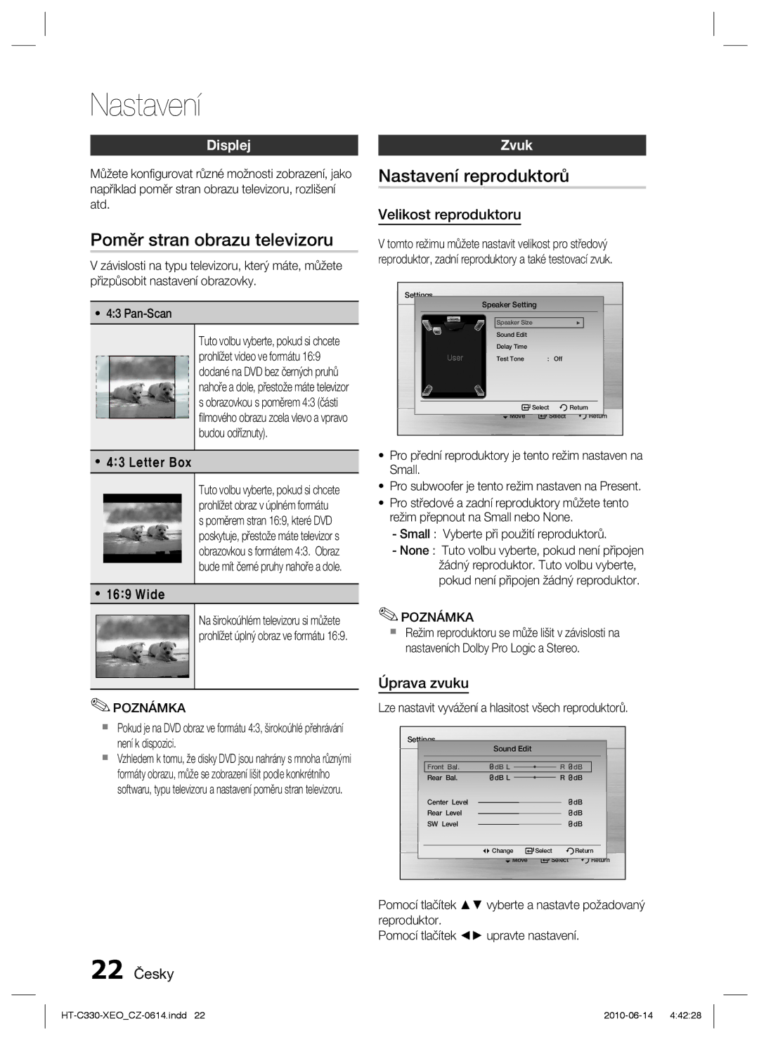 Samsung HT-C330/XEF, HT-C330/EDC manual Poměr stran obrazu televizoru, Nastavení reproduktorů, Displej, Zvuk 