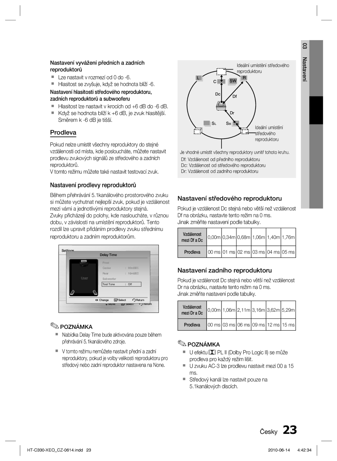 Samsung HT-C330/EDC, HT-C330/XEF manual Prodleva, Nastavení prodlevy reproduktorů, Nastavení středového reproduktoru 