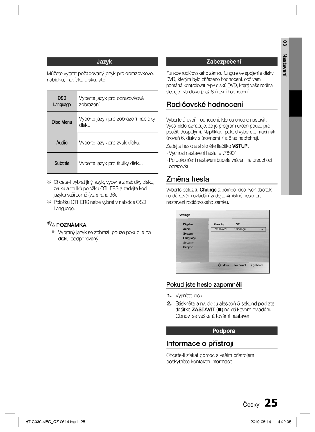 Samsung HT-C330/EDC, HT-C330/XEF manual Rodičovské hodnocení, Změna hesla, Informace o přístroji 