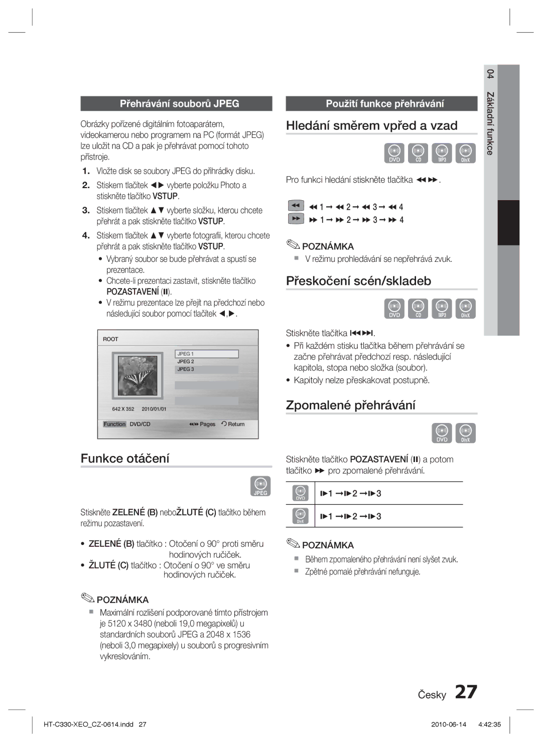 Samsung HT-C330/EDC manual Funkce otáčení, Hledání směrem vpřed a vzad, Přeskočení scén/skladeb, Zpomalené přehrávání 