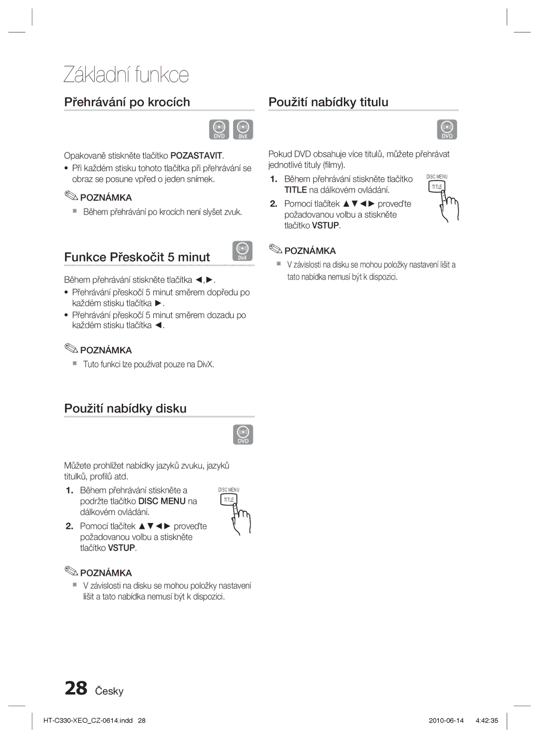 Samsung HT-C330/XEF manual Přehrávání po krocích, Funkce Přeskočit 5 minut D, Použití nabídky disku, Použití nabídky titulu 