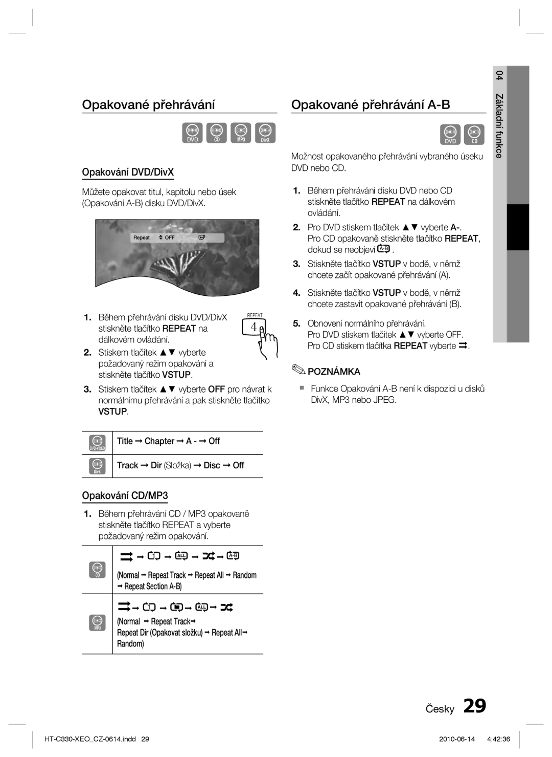 Samsung HT-C330/EDC, HT-C330/XEF manual Opakované přehrávání A-B, Opakování DVD/DivX, Opakování CD/MP3 