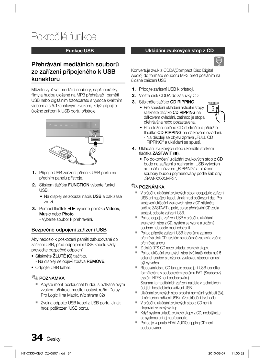 Samsung HT-C330/XEF Pokročilé funkce, Funkce USB, Ukládání zvukových stop z CD, Bezpečné odpojení zařízení USB, 34 Česky 