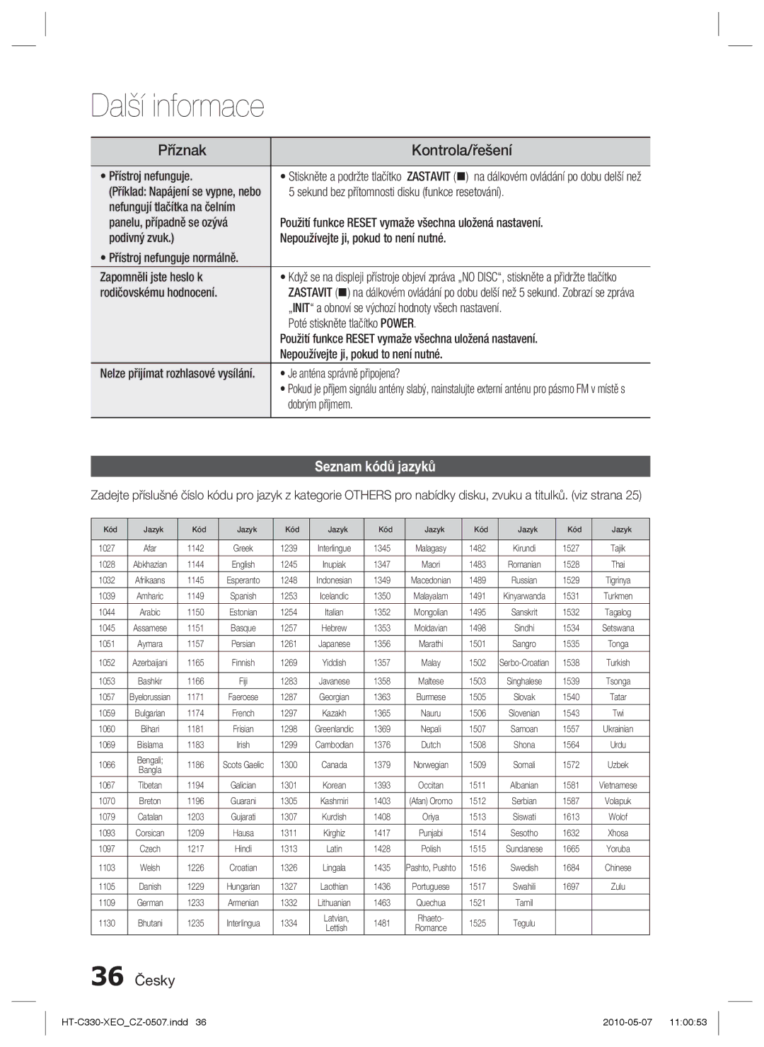 Samsung HT-C330/XEF, HT-C330/EDC manual Seznam kódů jazyků, 36 Česky 