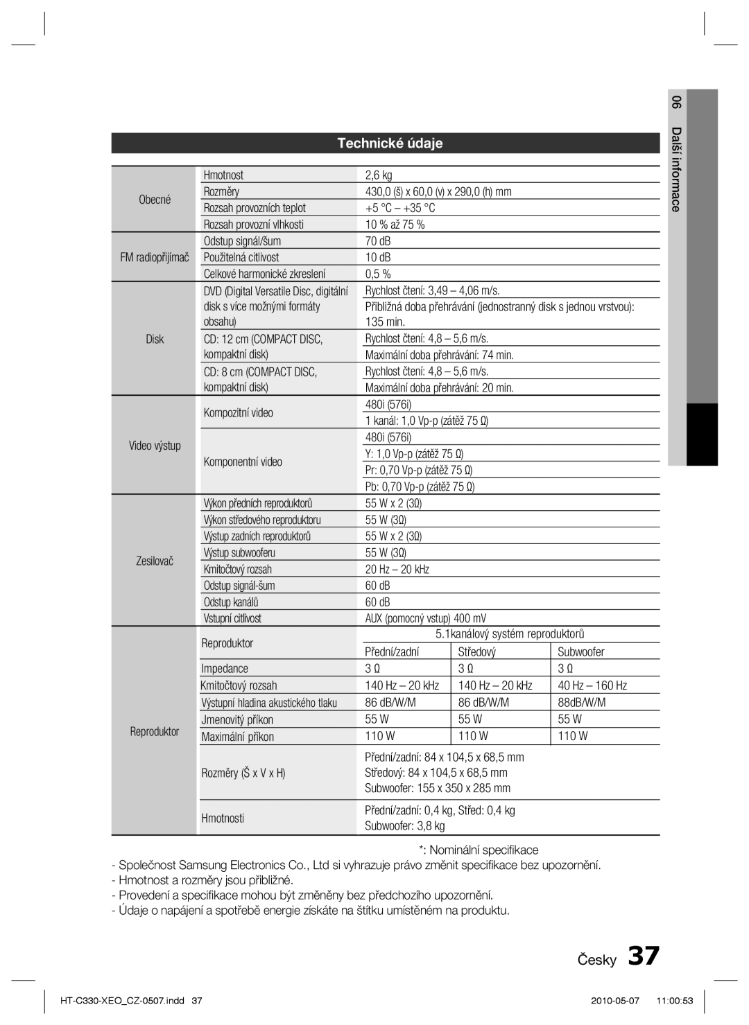 Samsung HT-C330/EDC, HT-C330/XEF manual Technické údaje 