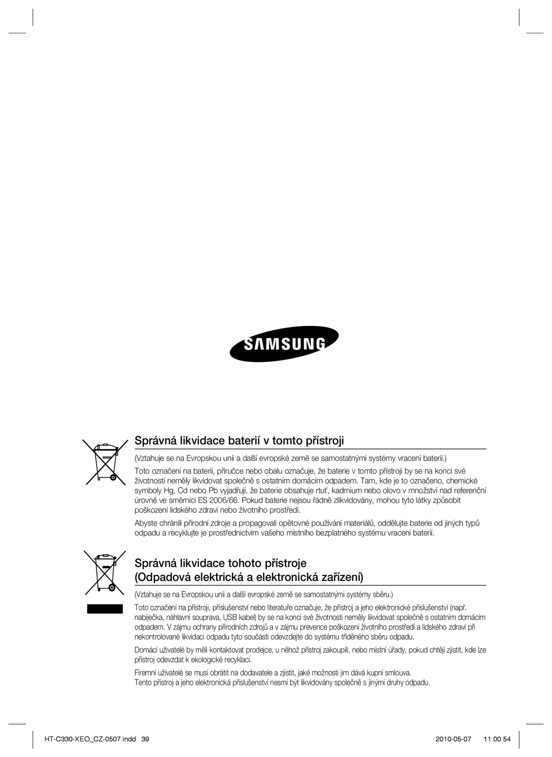 Samsung HT-C330/EDC, HT-C330/XEF manual Správná likvidace baterií v tomto přístroji 