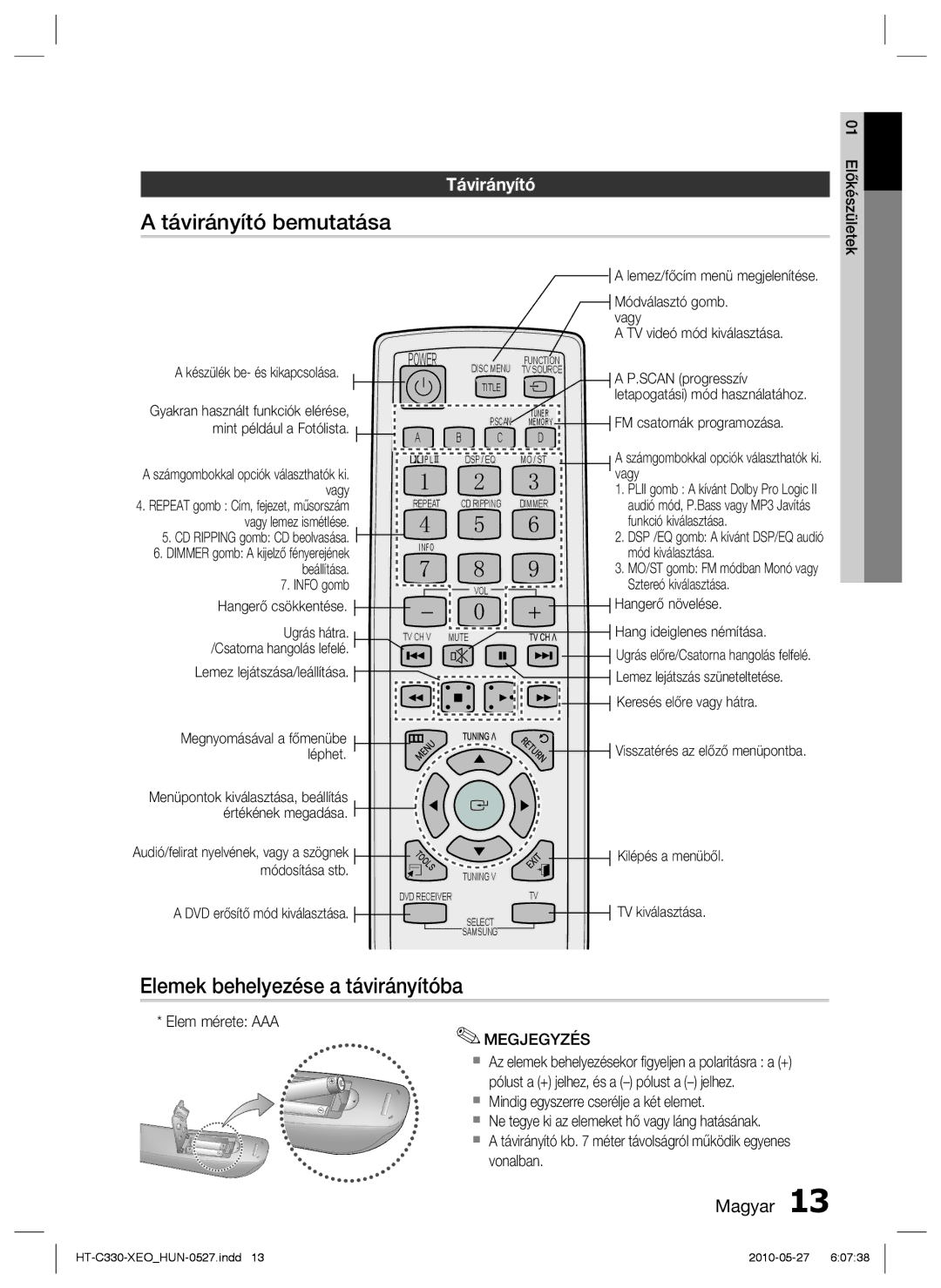 Samsung HT-C330/EDC, HT-C330/XEF manual Távirányító bemutatása, Elemek behelyezése a távirányítóba, Elem mérete AAA 