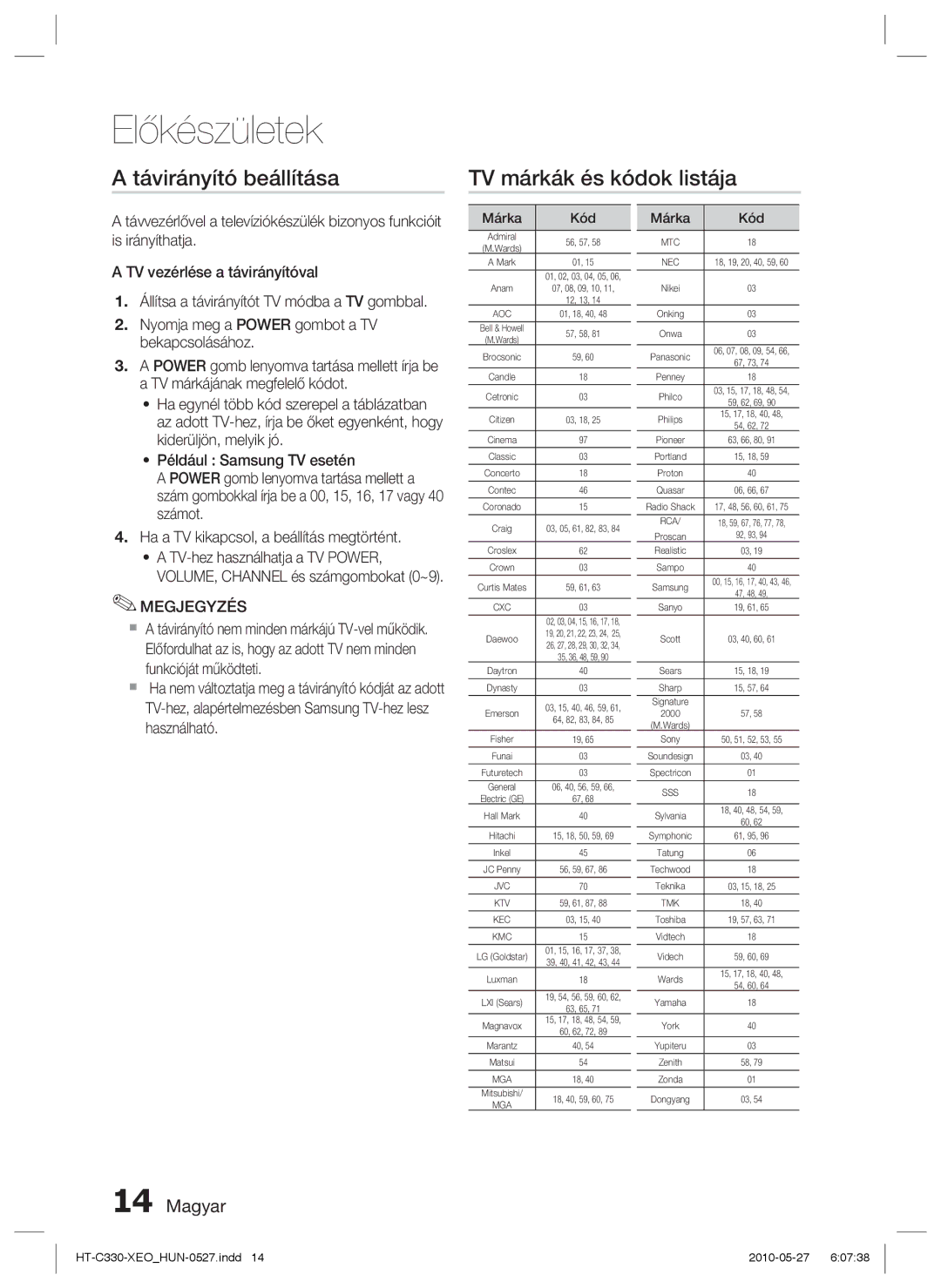 Samsung HT-C330/XEF, HT-C330/EDC manual Távirányító beállítása TV márkák és kódok listája, Márka Kód 