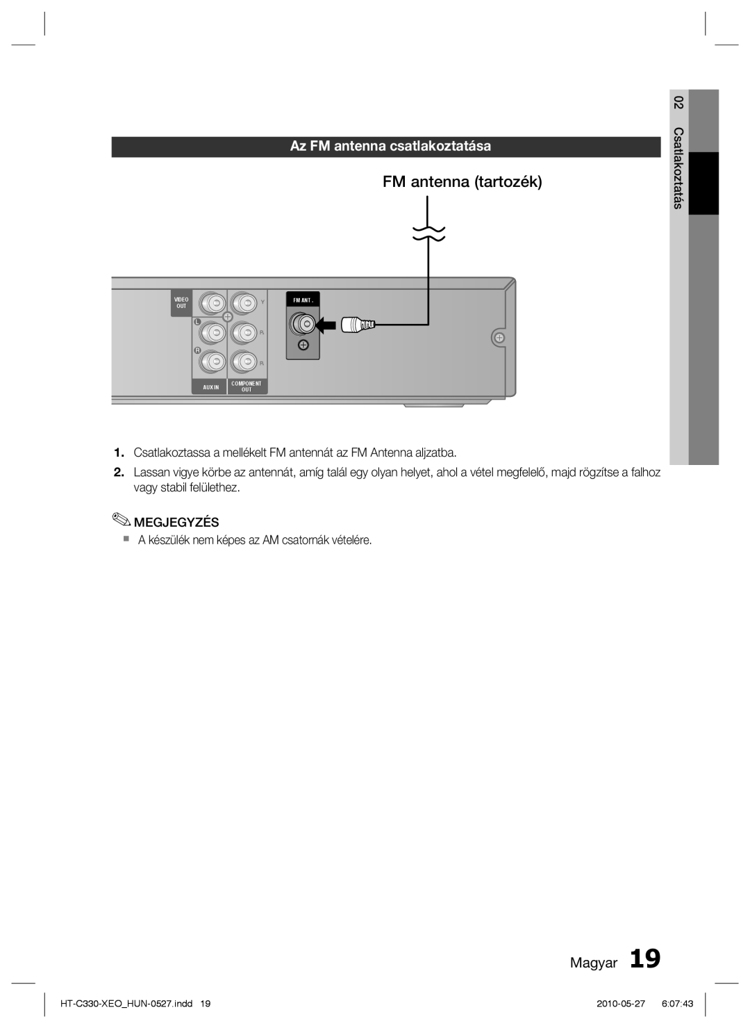 Samsung HT-C330/EDC FM antenna tartozék, Az FM antenna csatlakoztatása,  a készülék nem képes az AM csatornák vételére 