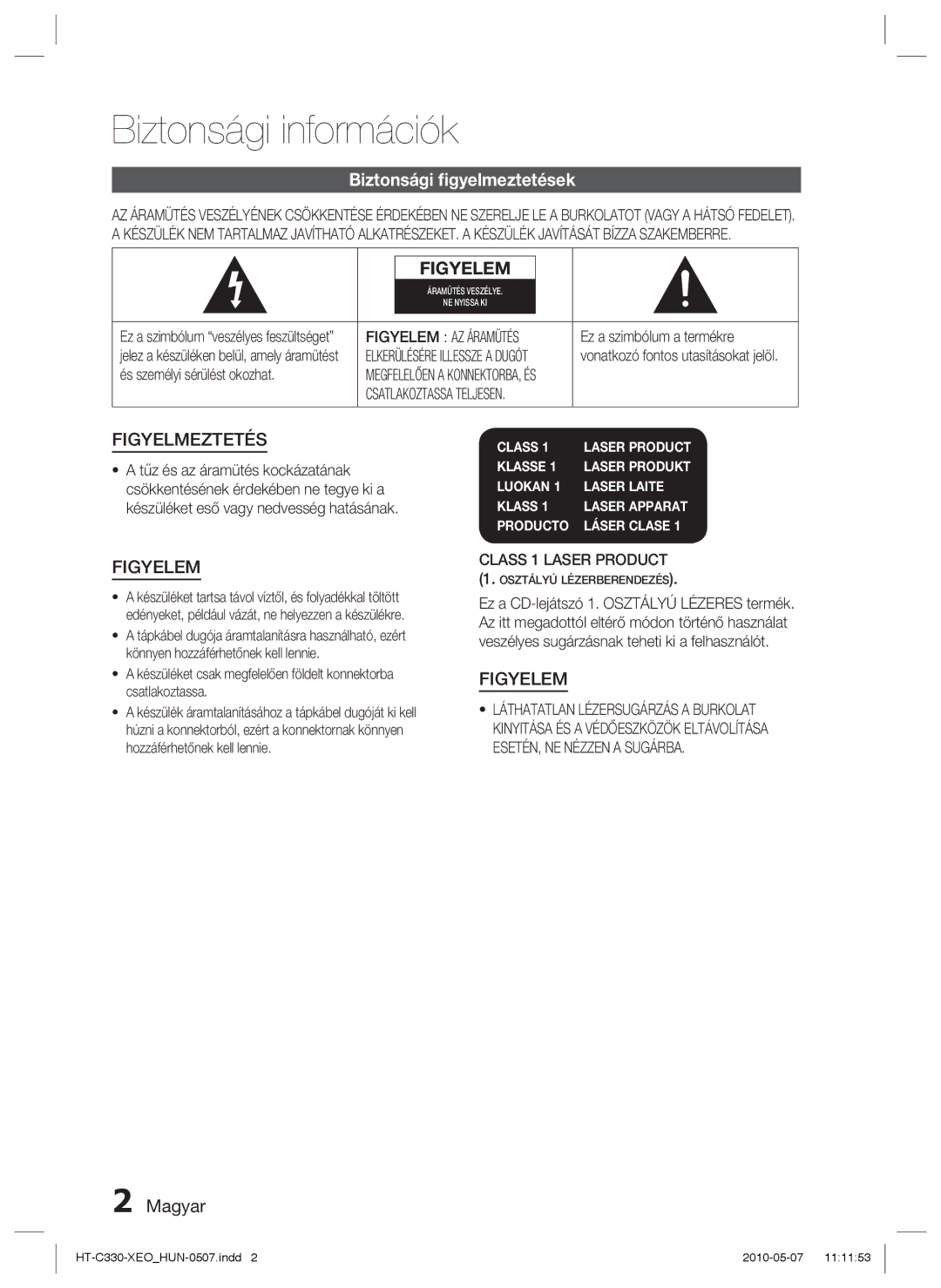 Samsung HT-C330/XEF, HT-C330/EDC manual Biztonsági információk, Biztonsági ﬁgyelmeztetések, Magyar, Figyelem AZ Áramütés 