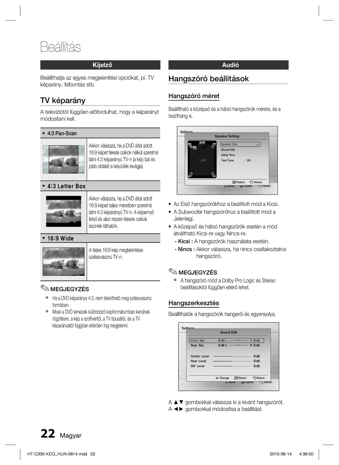 Samsung HT-C330/XEF, HT-C330/EDC manual TV képarány, Hangszóró beállítások, Kijelző, Audió 