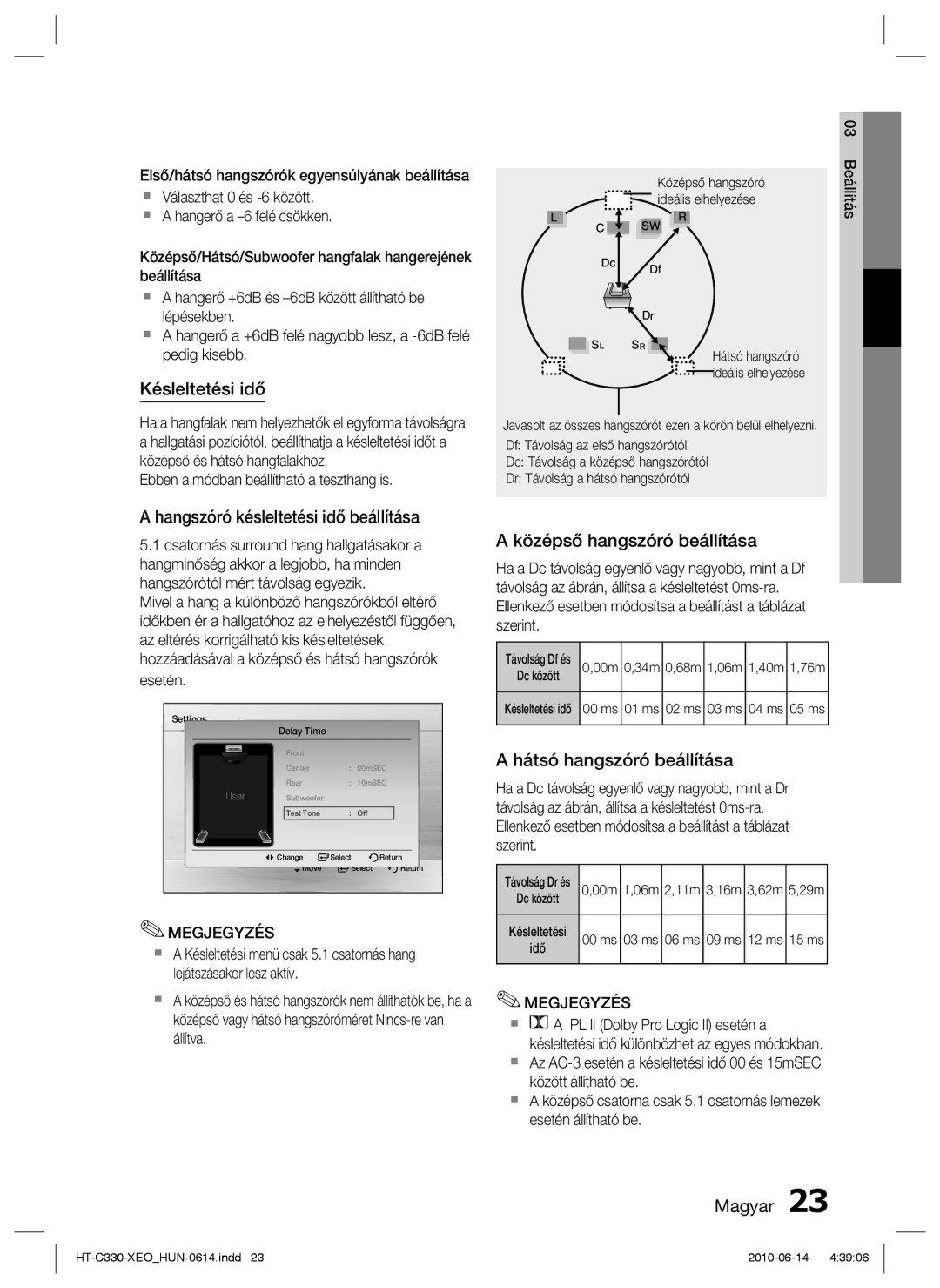 Samsung HT-C330/EDC, HT-C330/XEF Késleltetési idő, Hangszóró késleltetési idő beállítása, Középső hangszóró beállítása 