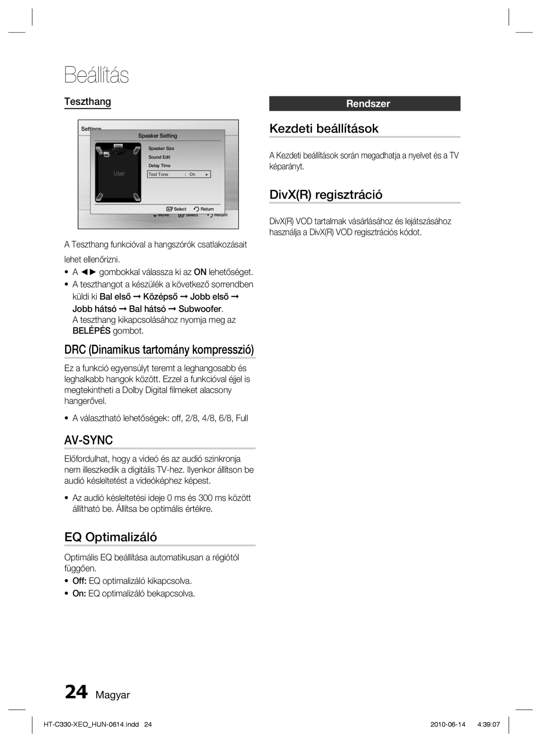 Samsung HT-C330/XEF manual EQ Optimalizáló, Kezdeti beállítások, DivXR regisztráció, DRC Dinamikus tartomány kompresszió 