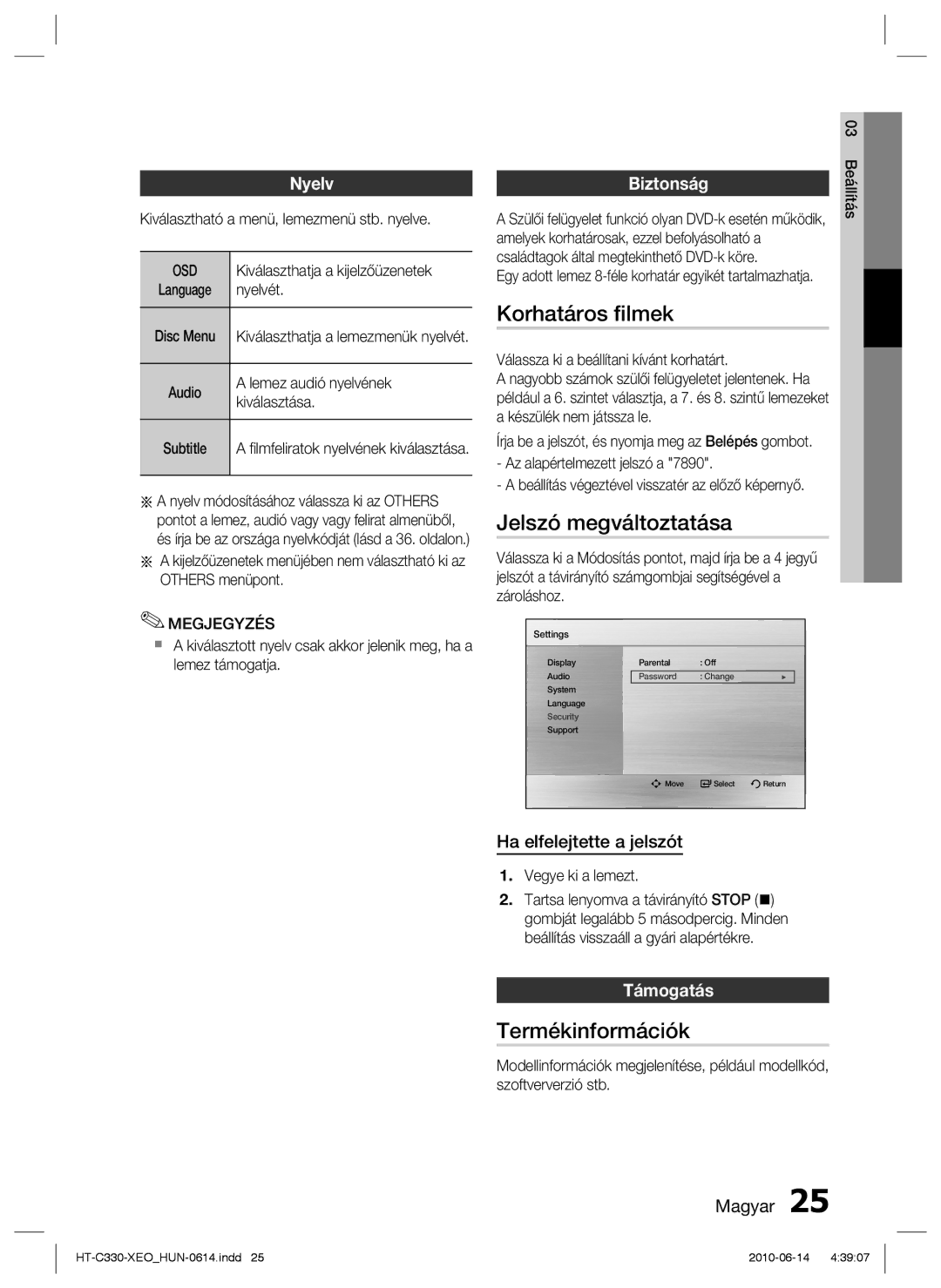 Samsung HT-C330/EDC, HT-C330/XEF manual Korhatáros ﬁlmek, Jelszó megváltoztatása, Termékinformációk 