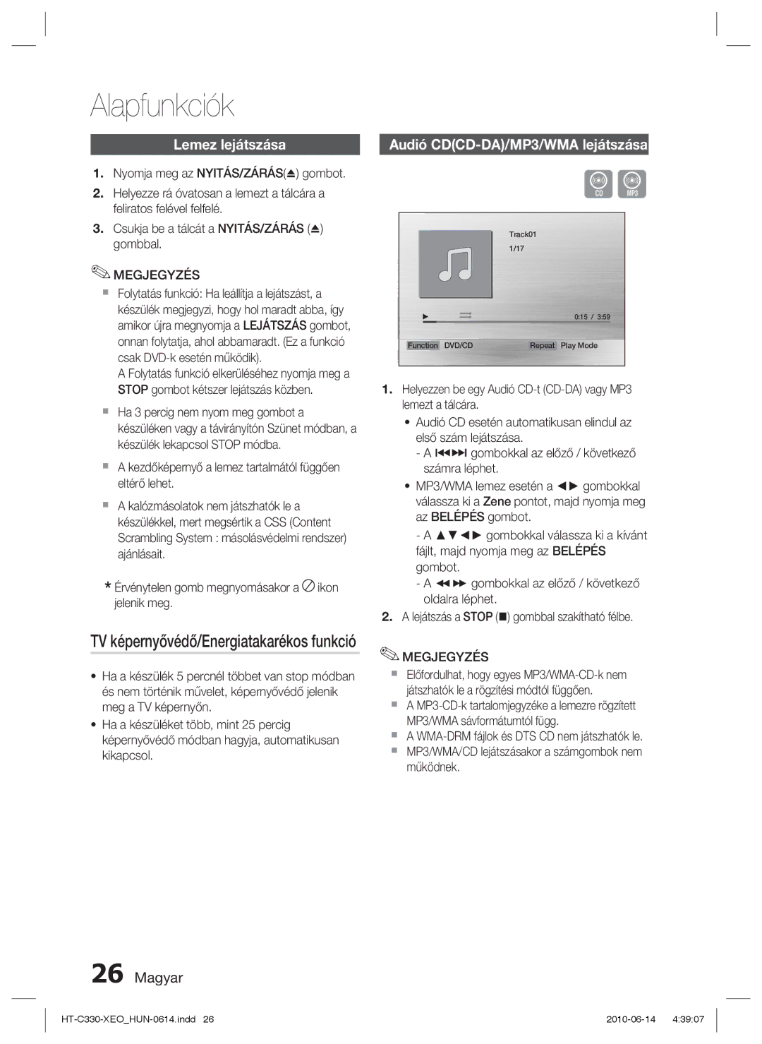 Samsung HT-C330/XEF, HT-C330/EDC manual Alapfunkciók, Lemez lejátszása, TV képernyővédő/Energiatakarékos funkció 