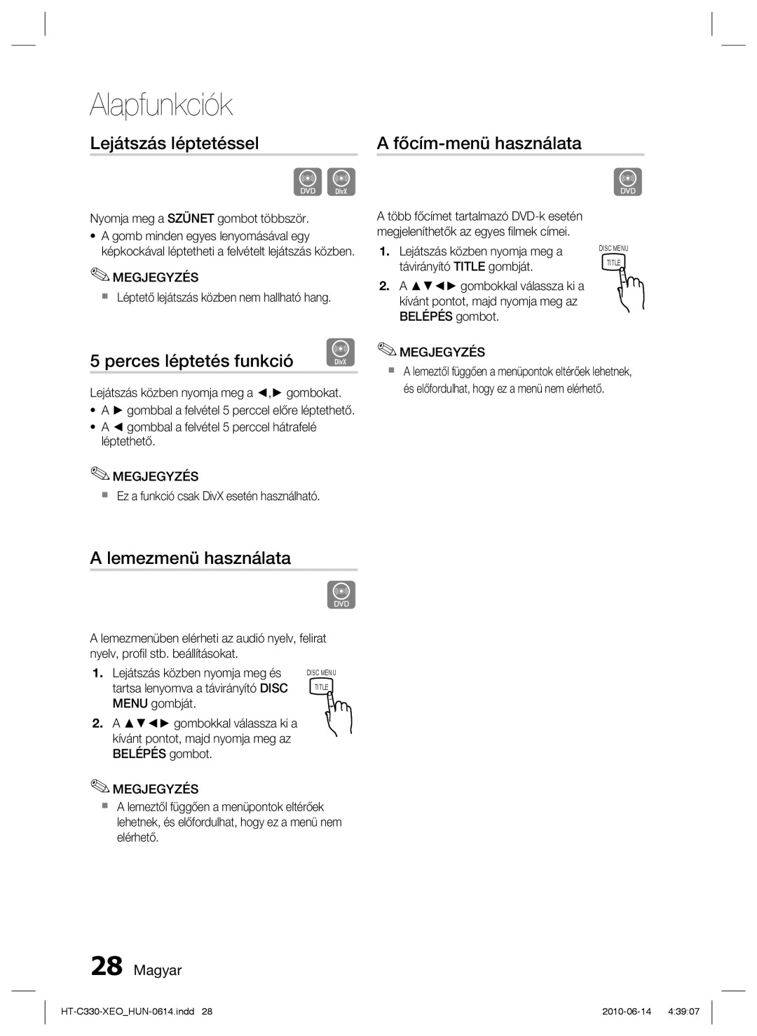 Samsung HT-C330/XEF manual Lejátszás léptetéssel, Perces léptetés funkció, Lemezmenü használata, Főcím-menü használata 