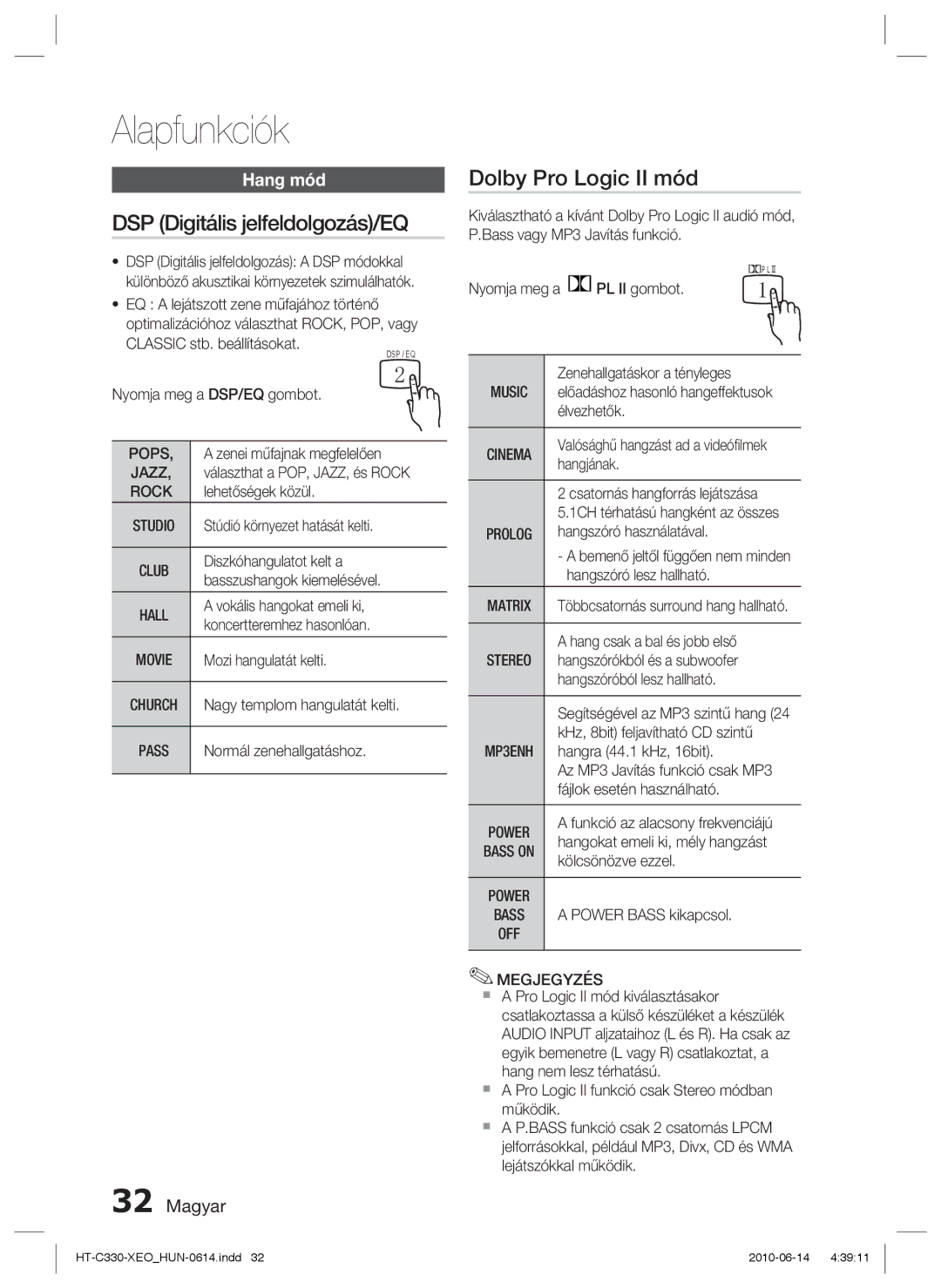 Samsung HT-C330/XEF, HT-C330/EDC manual DSP Digitális jelfeldolgozás/EQ, Dolby Pro Logic II mód, Hang mód, Pops 