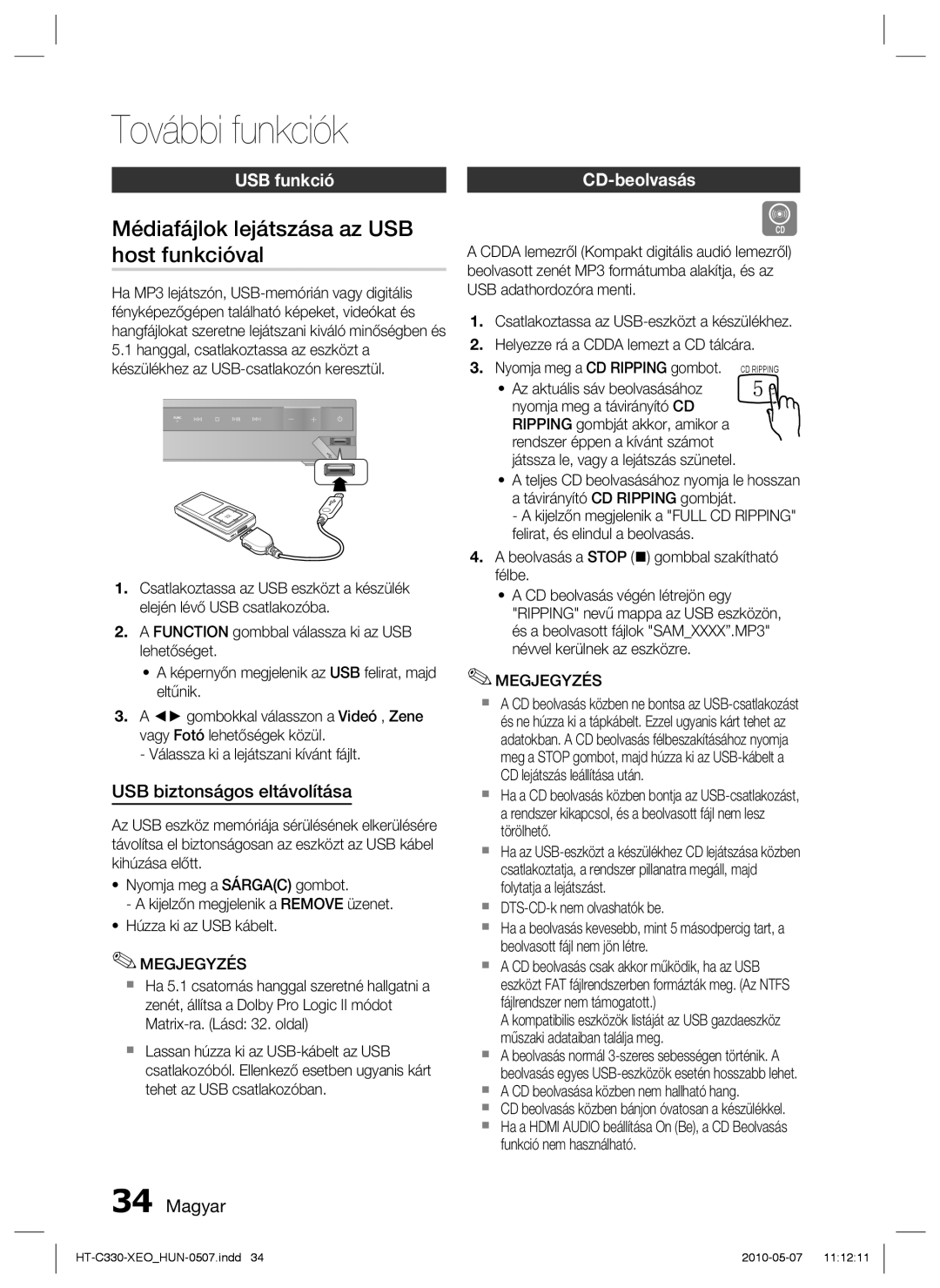 Samsung HT-C330/XEF manual További funkciók, Médiafájlok lejátszása az USB host funkcióval, USB funkció, CD-beolvasás 