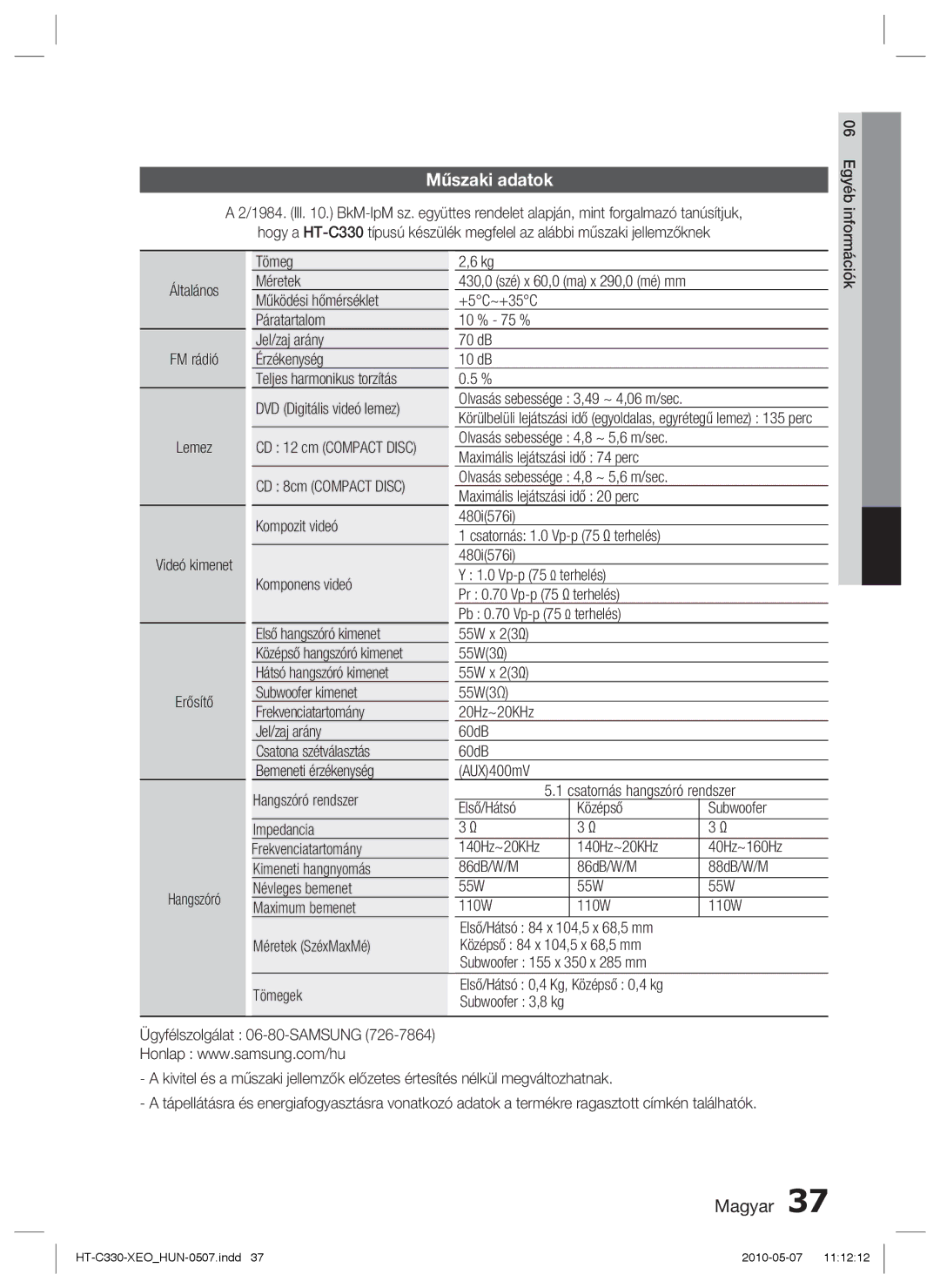 Samsung HT-C330/EDC, HT-C330/XEF manual Műszaki adatok 