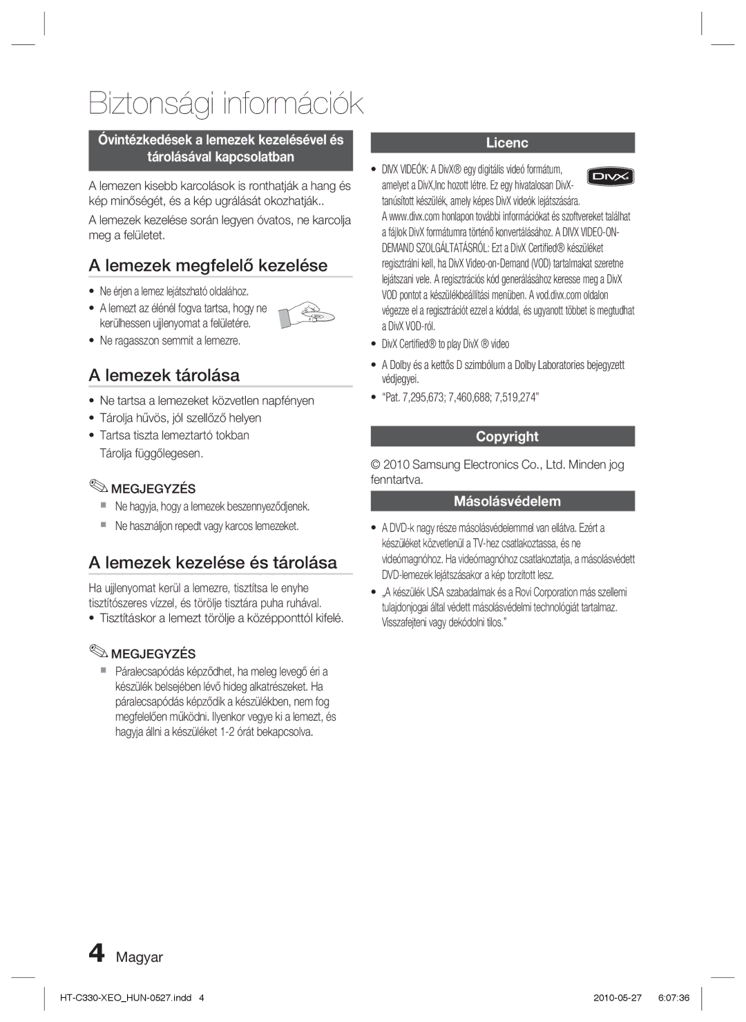 Samsung HT-C330/XEF, HT-C330/EDC manual Lemezek megfelelő kezelése, Lemezek tárolása, Lemezek kezelése és tárolása 