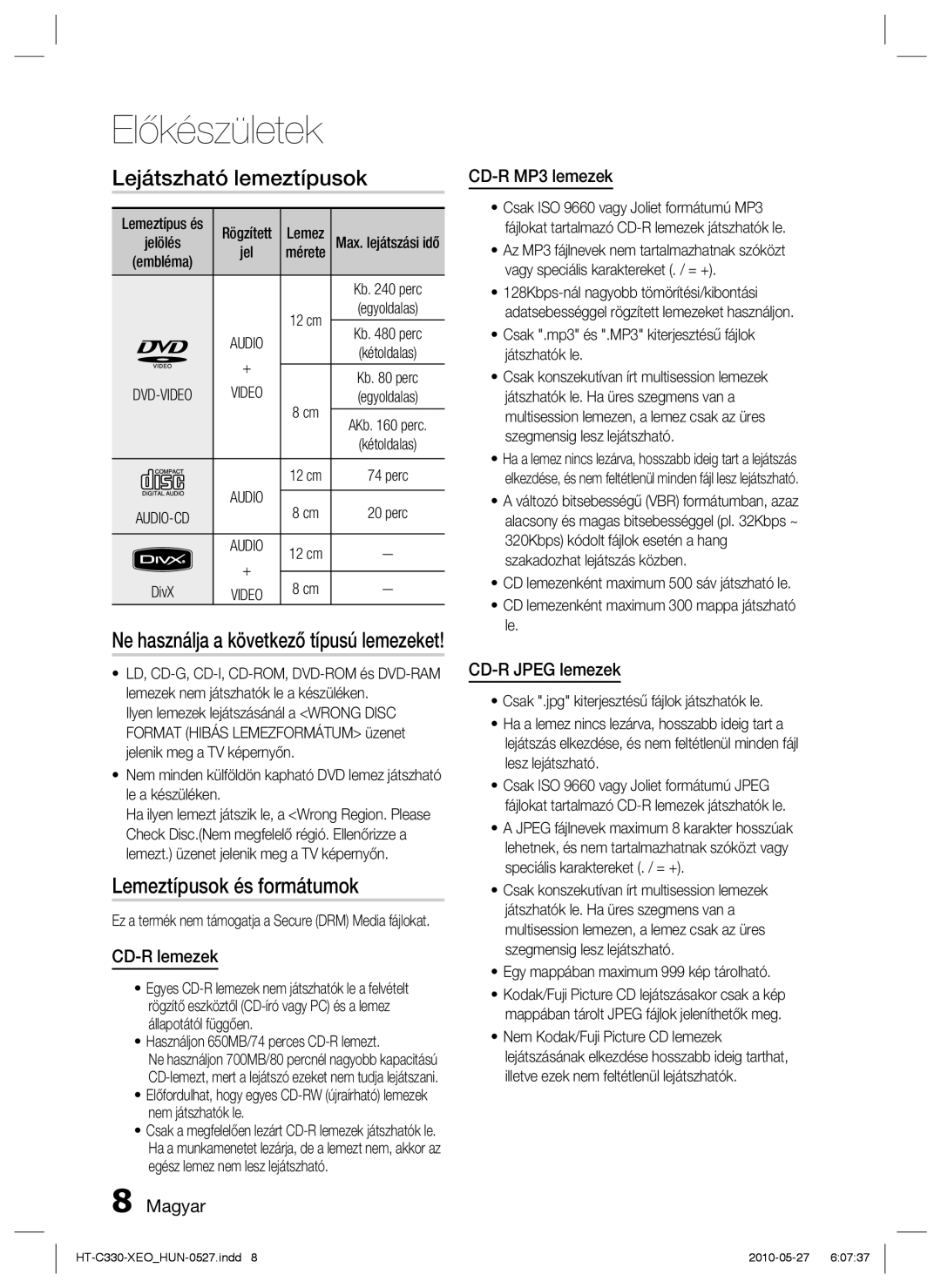 Samsung HT-C330/XEF, HT-C330/EDC manual Lejátszható lemeztípusok, Lemeztípusok és formátumok 