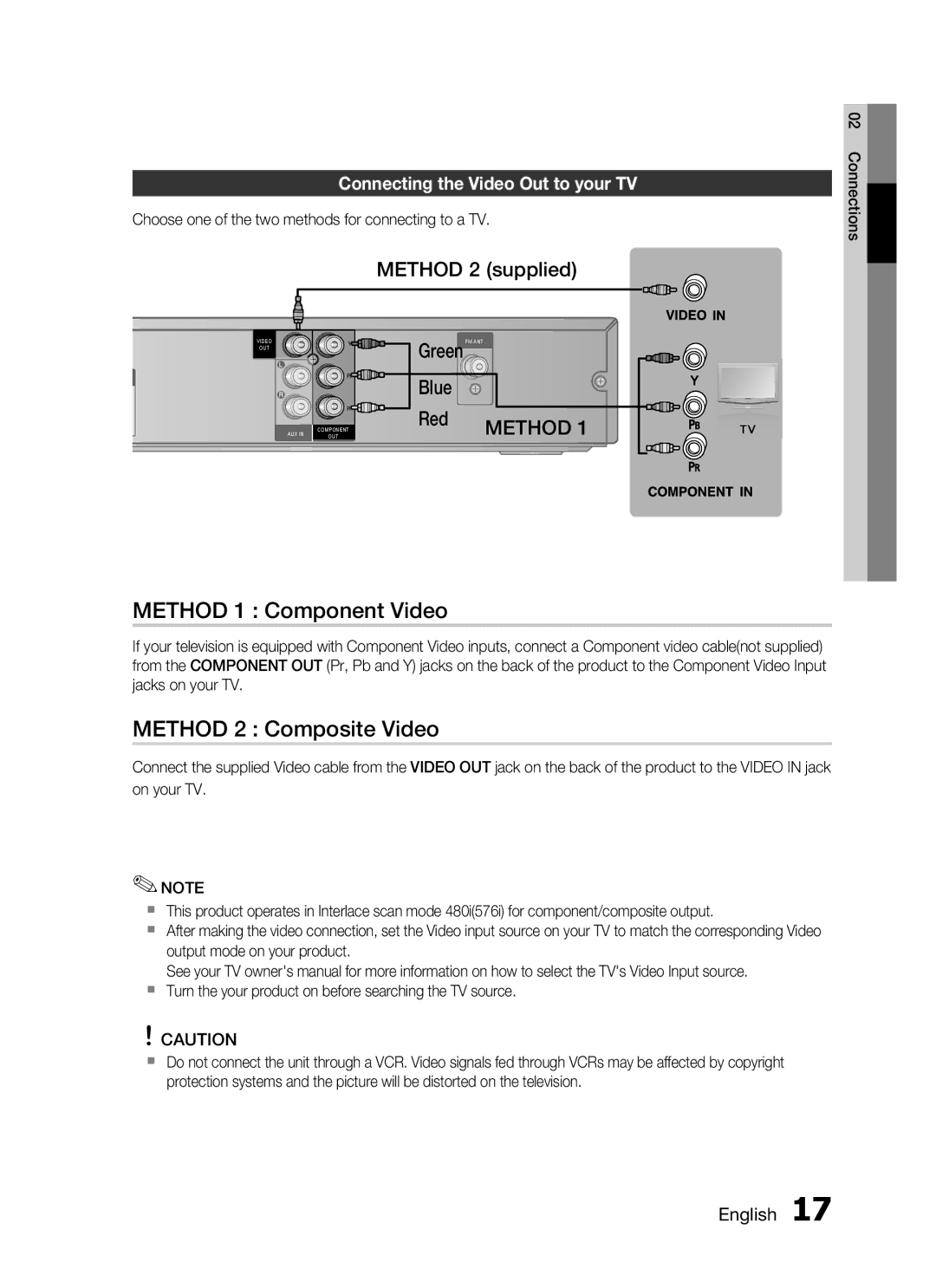 Samsung HT-C330/SAM Method 1 Component Video, Method 2 Composite Video, Connecting the video out to your tv, English 1 