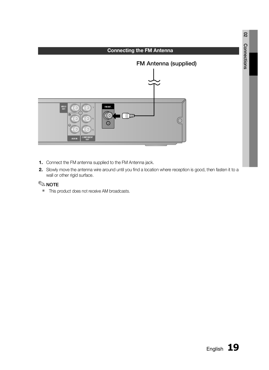 Samsung HT-C330/MEA, HT-C330/XEF, HT-C330/AFR, HT-C330/LAG, HT-C330/UMG manual FM Antenna supplied, Connecting the fm Antenna 