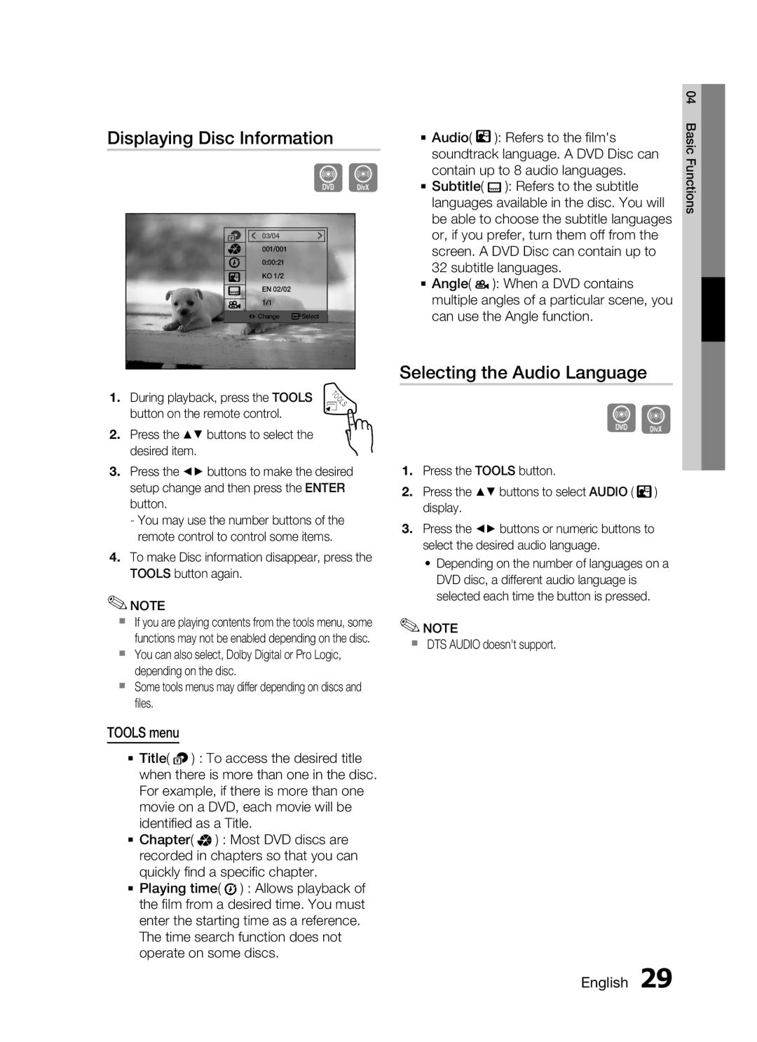 Samsung HT-C330/AFR, HT-C330/XEF manual Displaying Disc Information, Selecting the Audio Language, Tools menu, English  