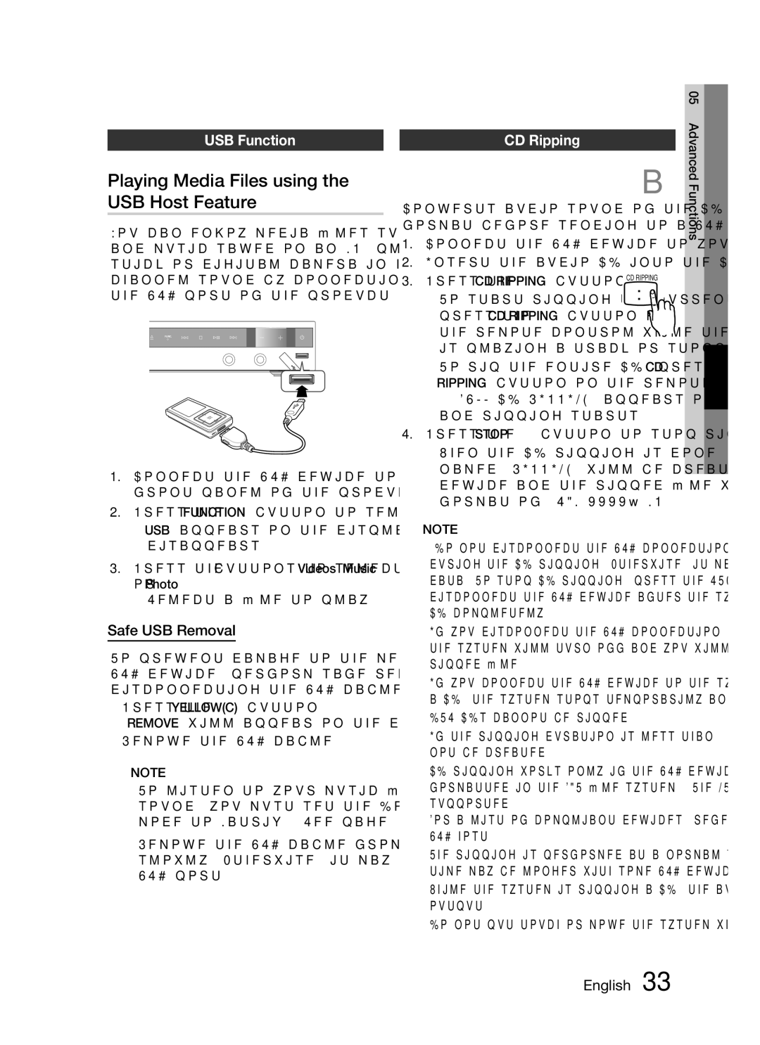 Samsung HT-C330/SAH, HT-C330/KE Playing Media Files using the USB Host Feature, USB function, Safe USB Removal, CD ripping 