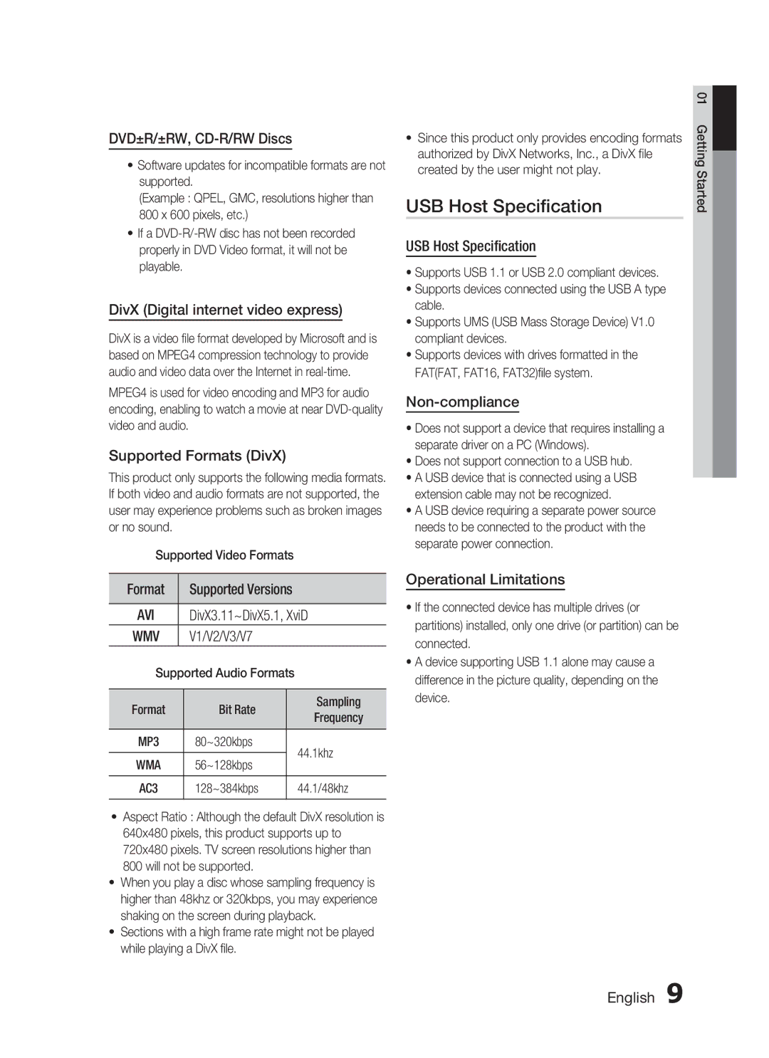 Samsung HT-C330/XEF, HT-C330/MEA, HT-C330/AFR, HT-C330/LAG, HT-C330/UMG, HT-C330/KE, HT-C330/SAH manual USB Host Specification 