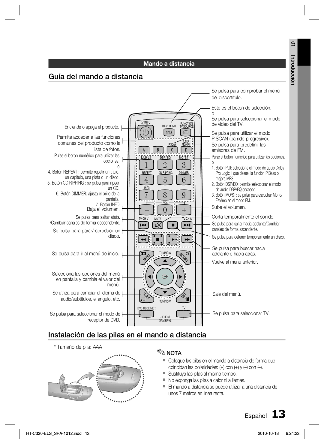 Samsung HT-C330/MEA manual Guía del mando a distancia, Instalación de las pilas en el mando a distancia, Mando a distancia 