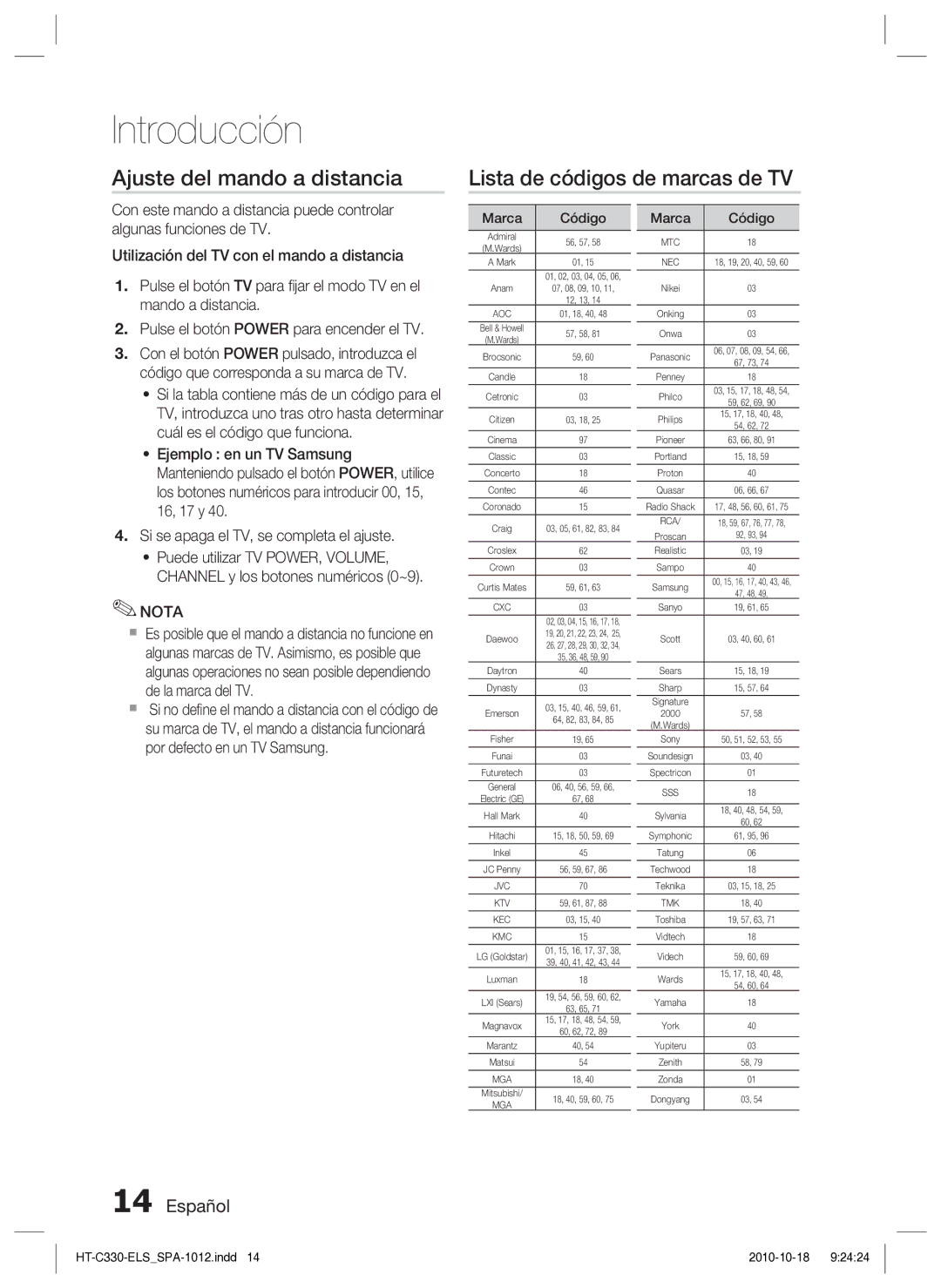 Samsung HT-C330/XEF, HT-C330/MEA manual Marca Código, Aoc 