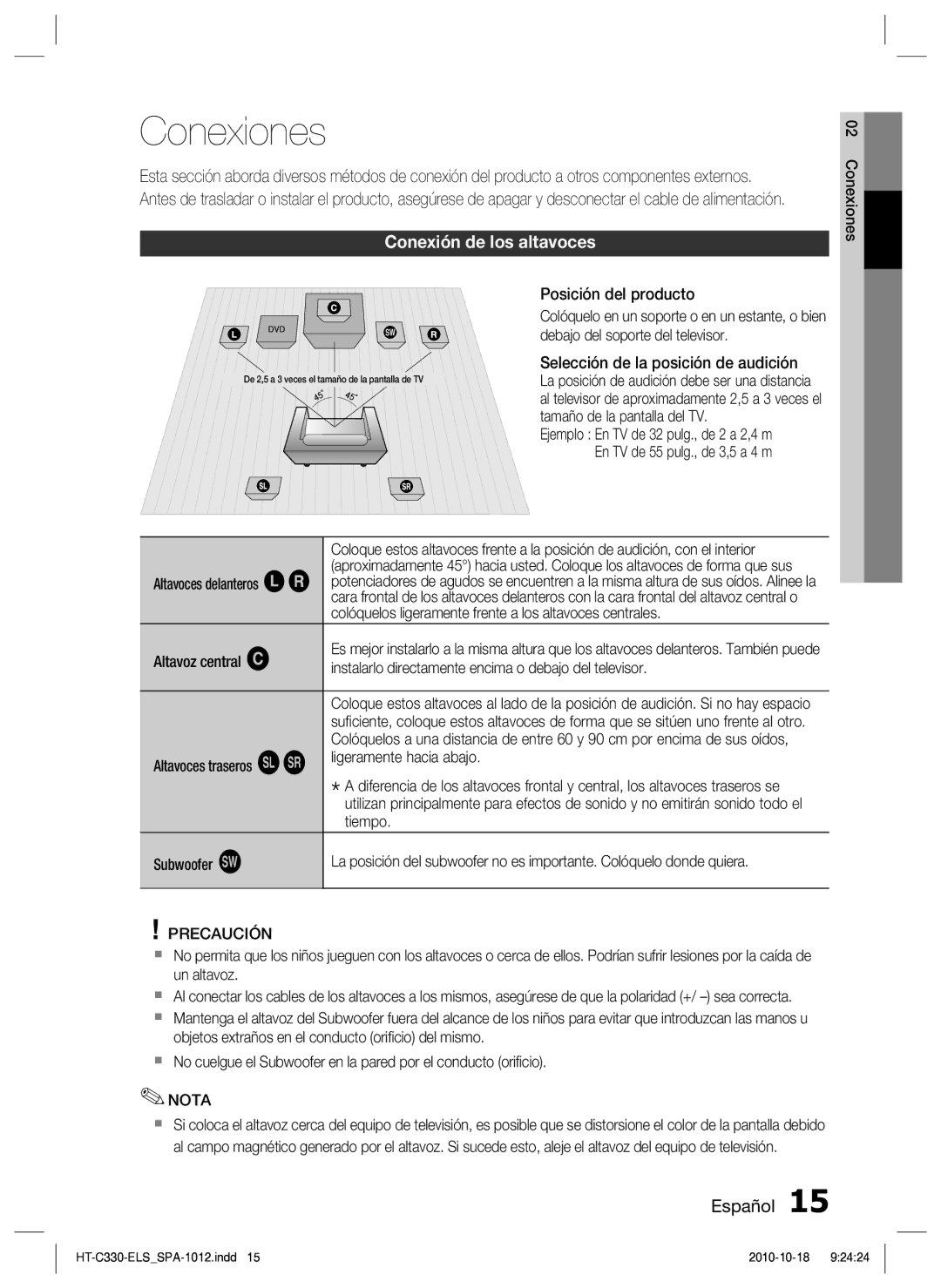 Samsung HT-C330/MEA, HT-C330/XEF manual Conexiones, Conexión de los altavoces, Precaución 