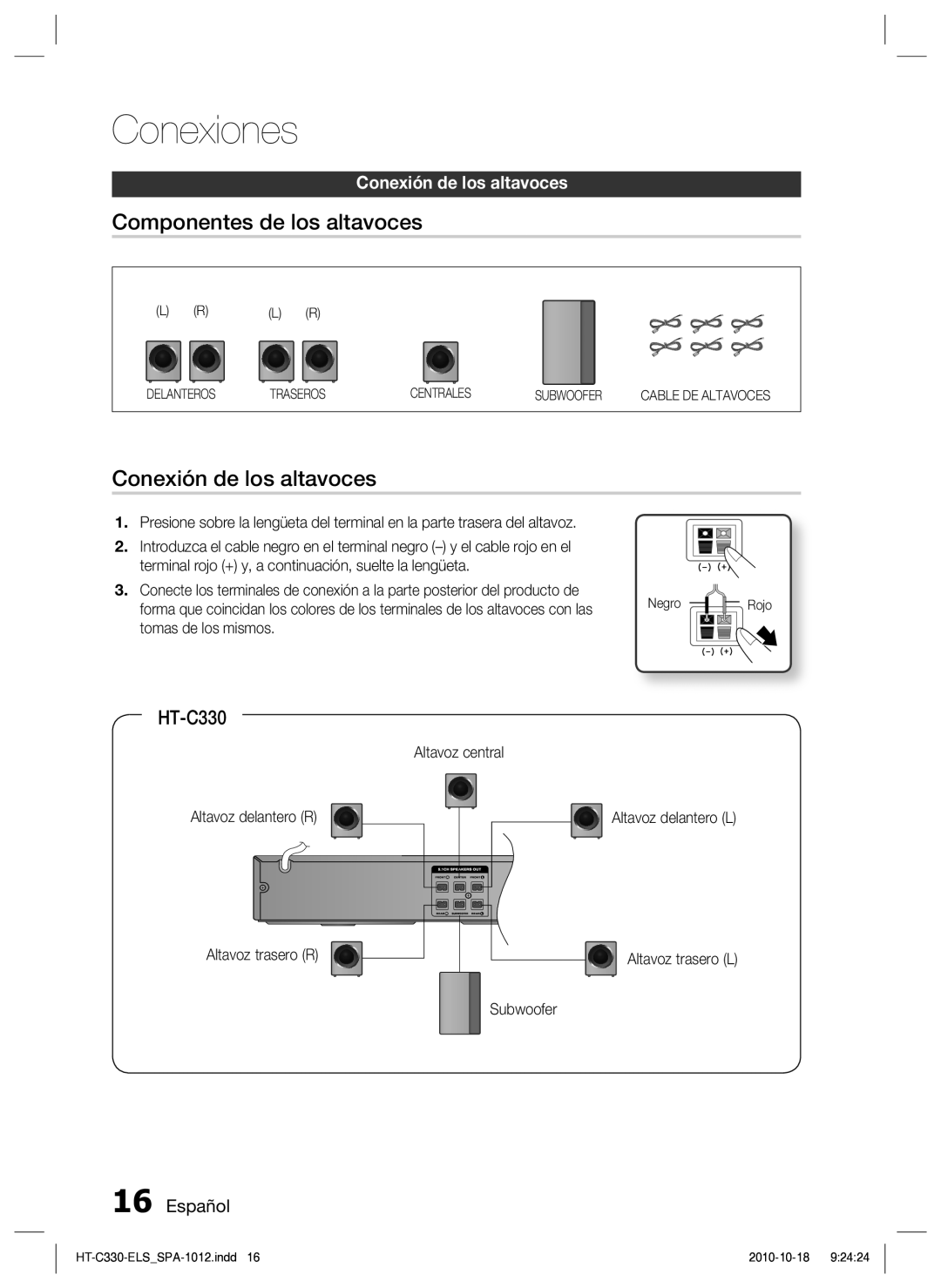 Samsung HT-C330/XEF, HT-C330/MEA manual Componentes de los altavoces, Conexión de los altavoces, Tomas de los mismos 