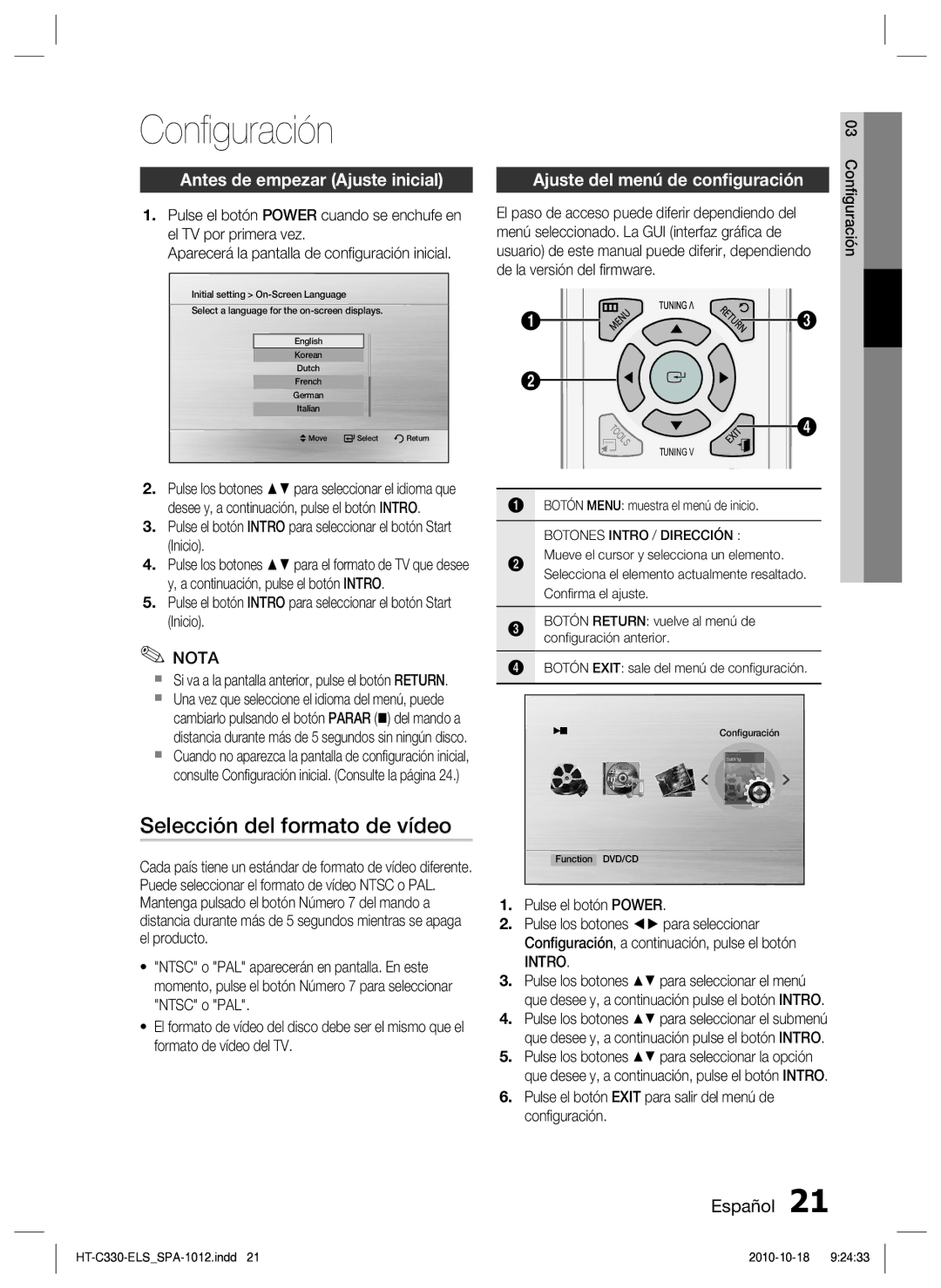 Samsung HT-C330/MEA, HT-C330/XEF manual Conﬁguración, Selección del formato de vídeo, Antes de empezar Ajuste inicial, Intro 